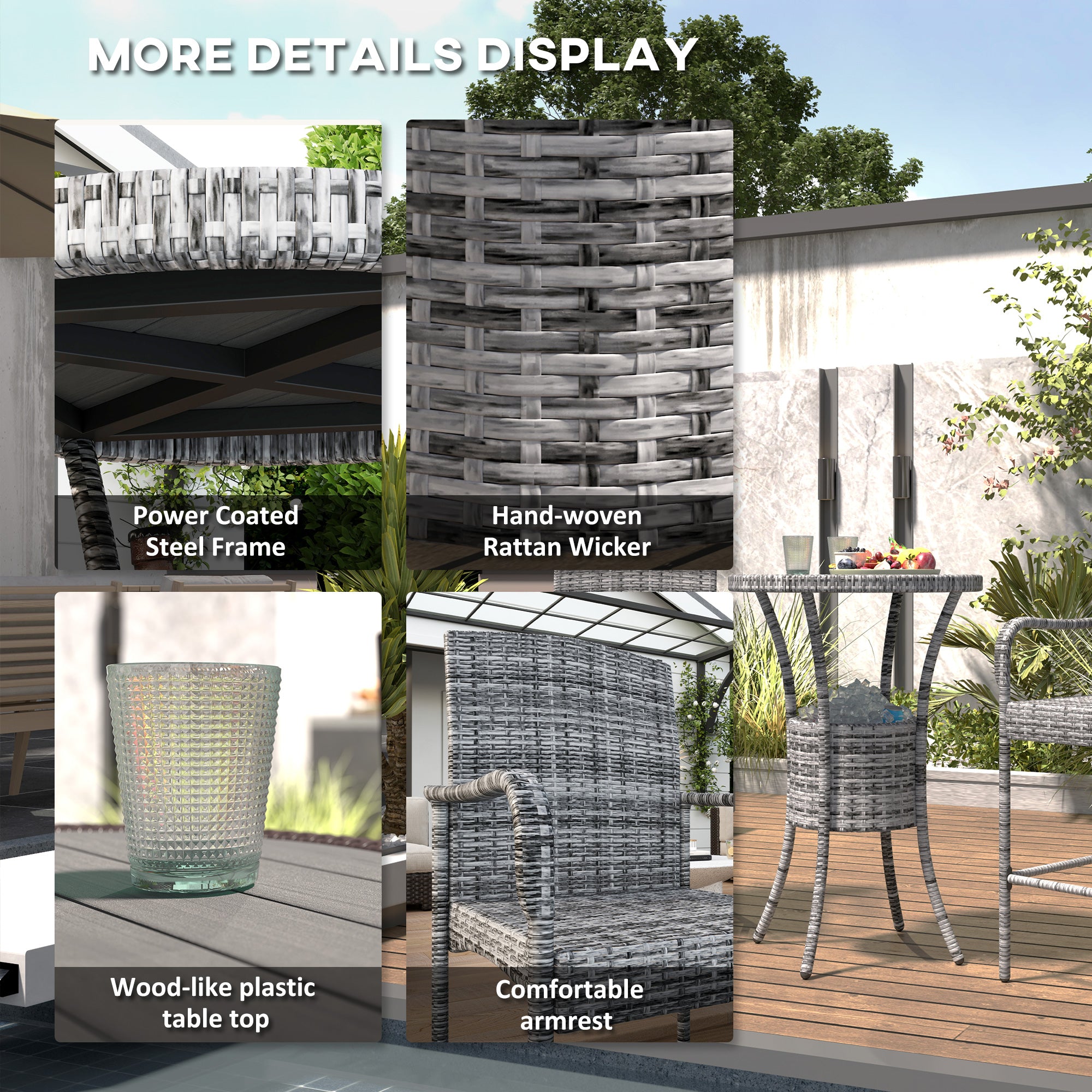 3-Piece Rattan Patio Bar Set with Ice Bucket - Mixed Grey-DECOROLALA