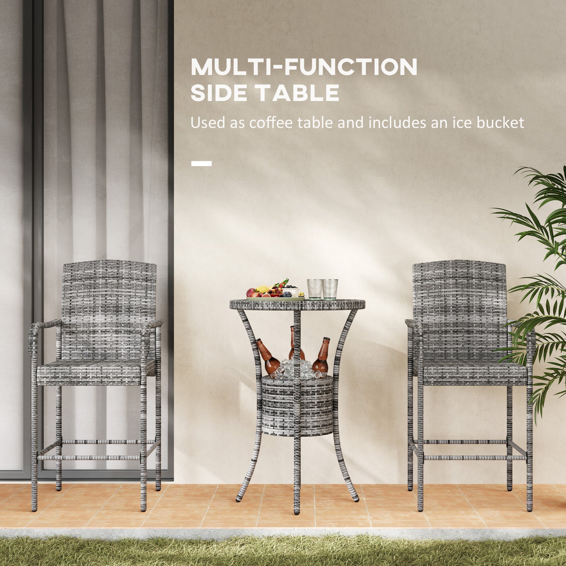 3-Piece Rattan Patio Bar Set with Ice Bucket - Mixed Grey-DECOROLALA