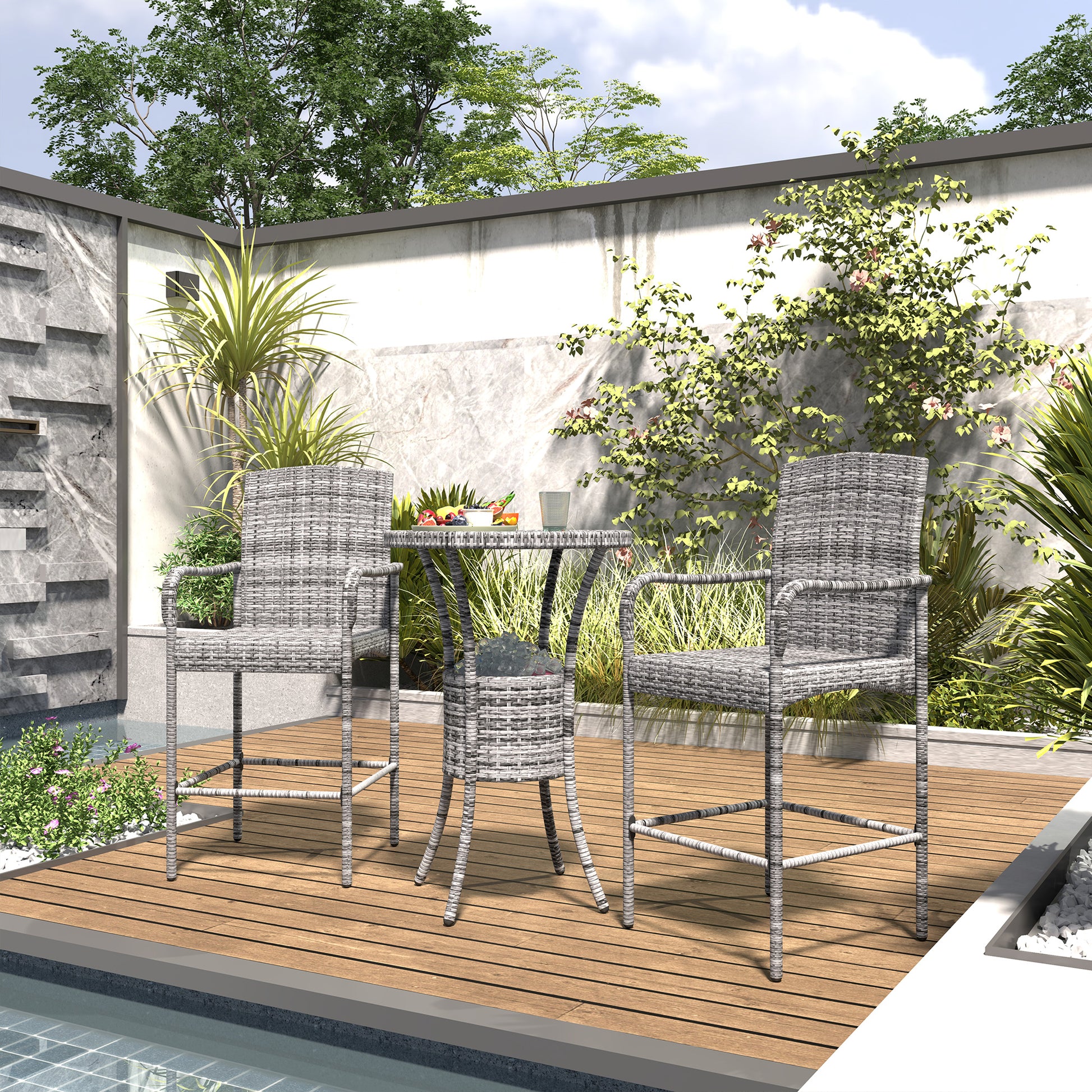 3-Piece Rattan Patio Bar Set with Ice Bucket - Mixed Grey-DECOROLALA