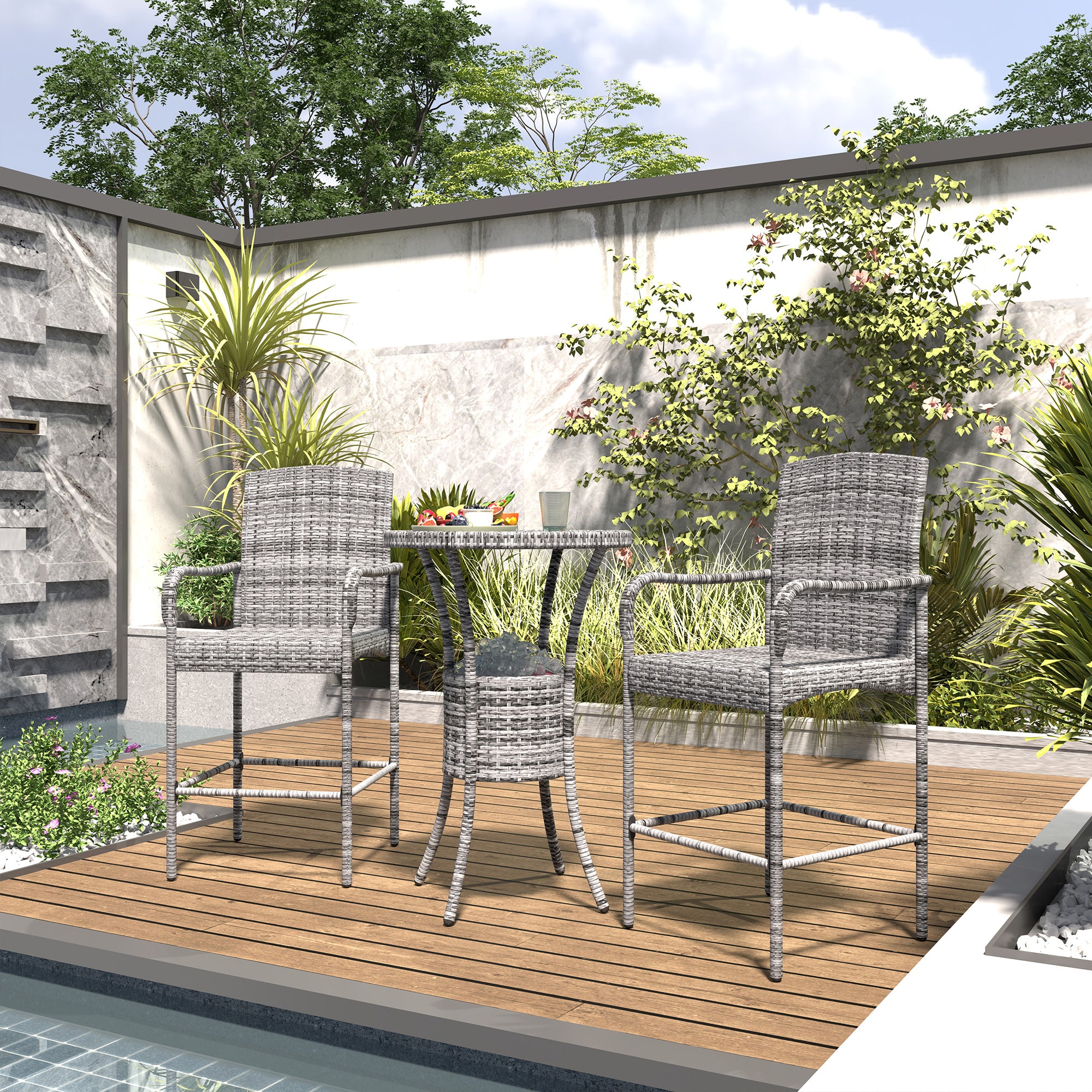 3-Piece Rattan Patio Bar Set with Ice Bucket - Mixed Grey-DECOROLALA