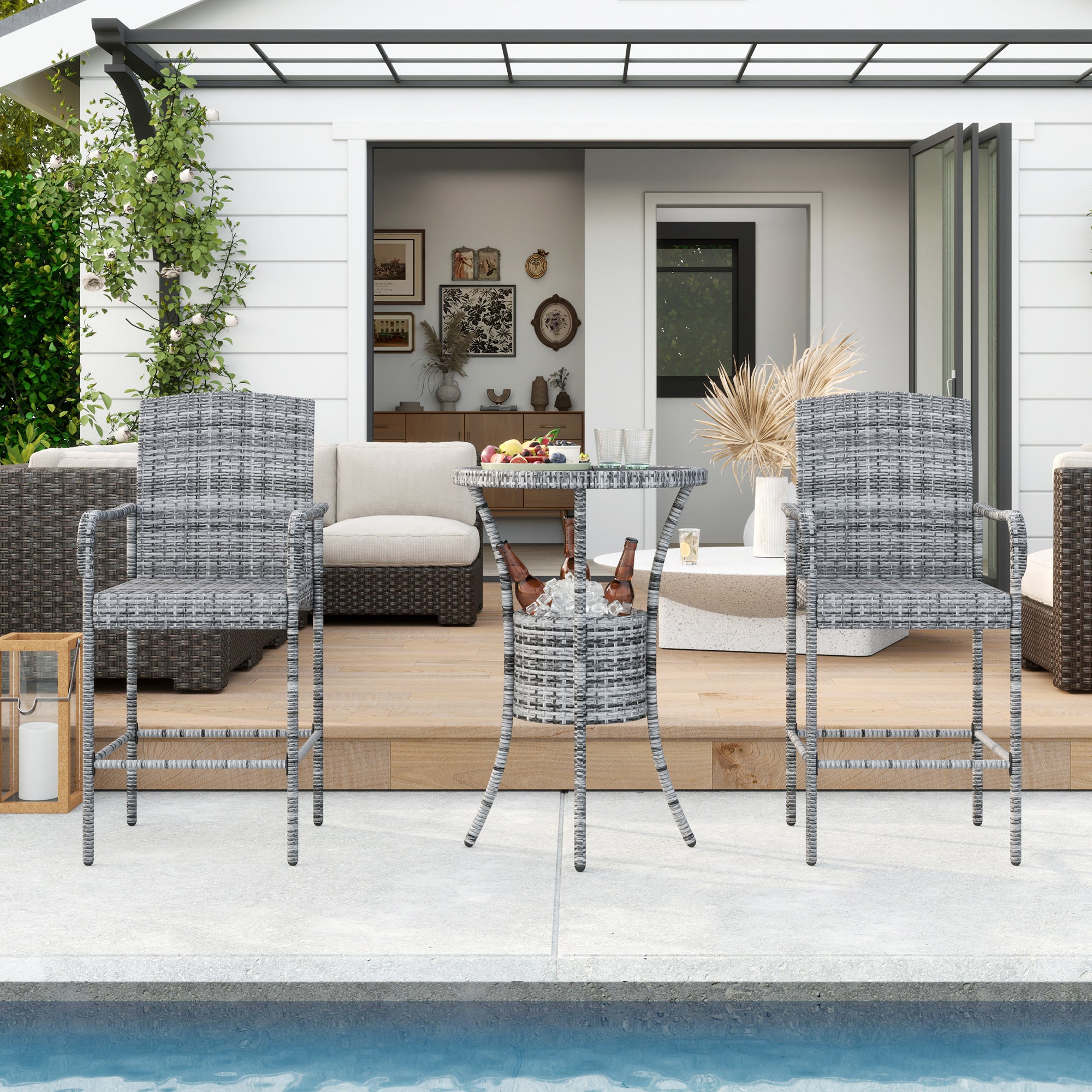 3-Piece Rattan Patio Bar Set with Ice Bucket - Mixed Grey-DECOROLALA