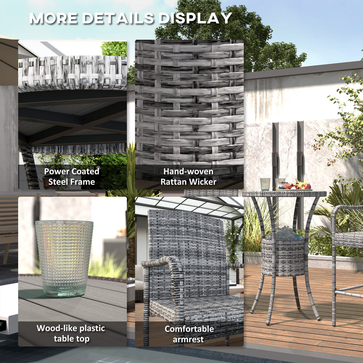 3-Piece Rattan Patio Bar Set with Ice Bucket - Mixed Grey-Bar Stools-DECOROLALA