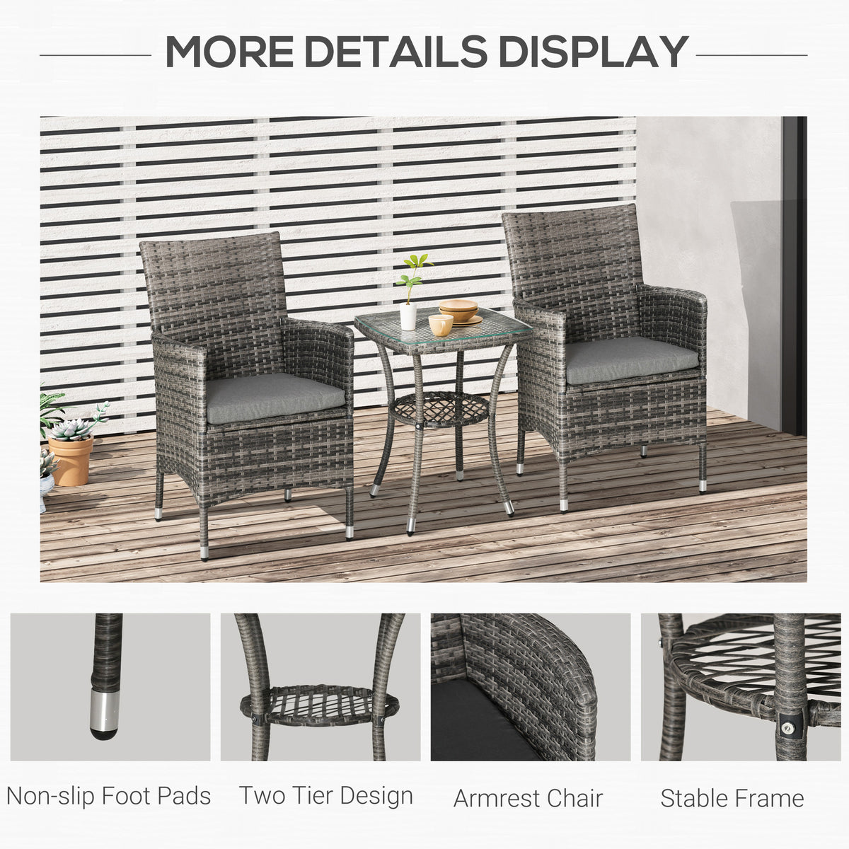 3 Piece Rattan Patio Set - Grey Glass Top-Patio Furniture Sets-DECOROLALA