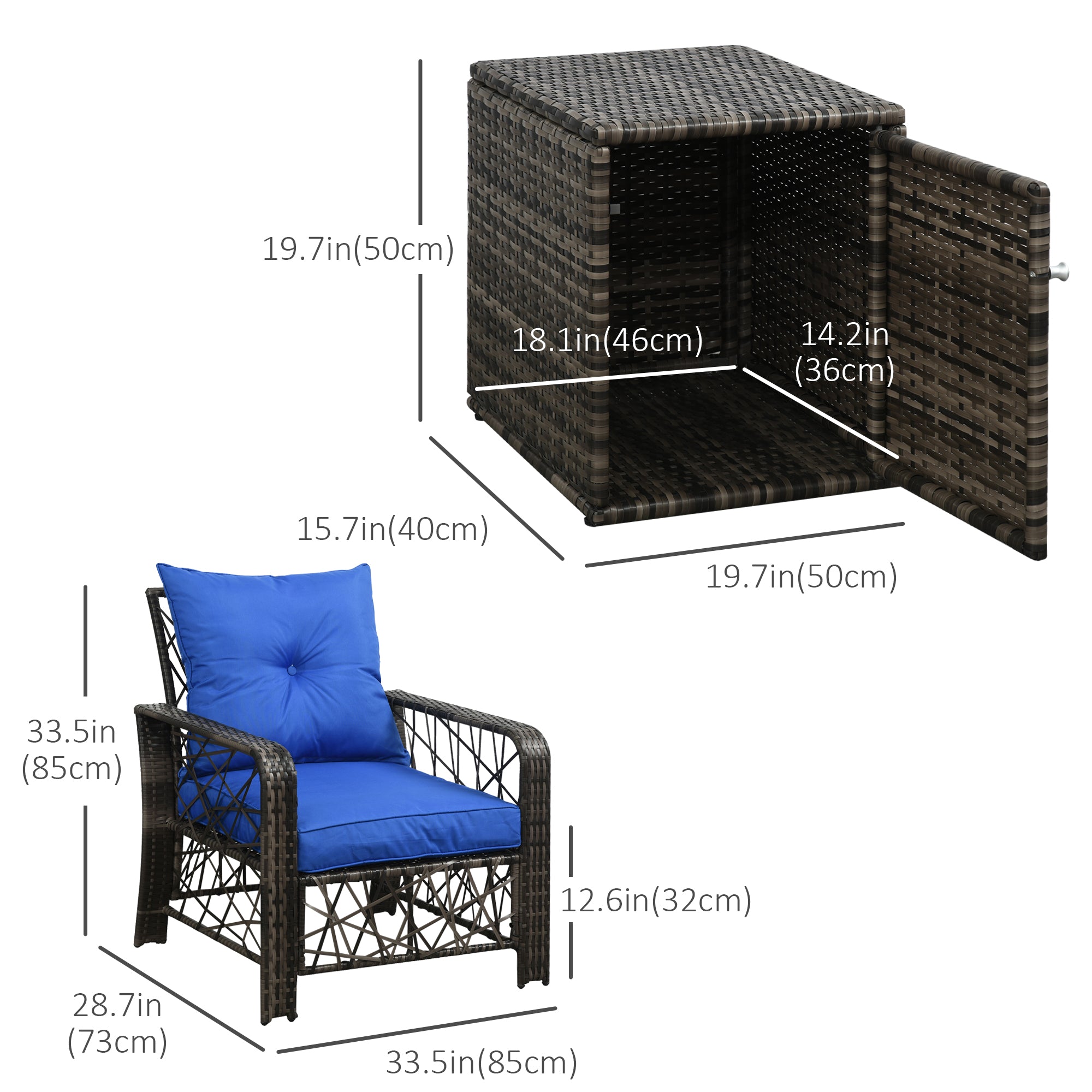3-Piece Rattan Patio Set with Storage - Blue-DECOROLALA