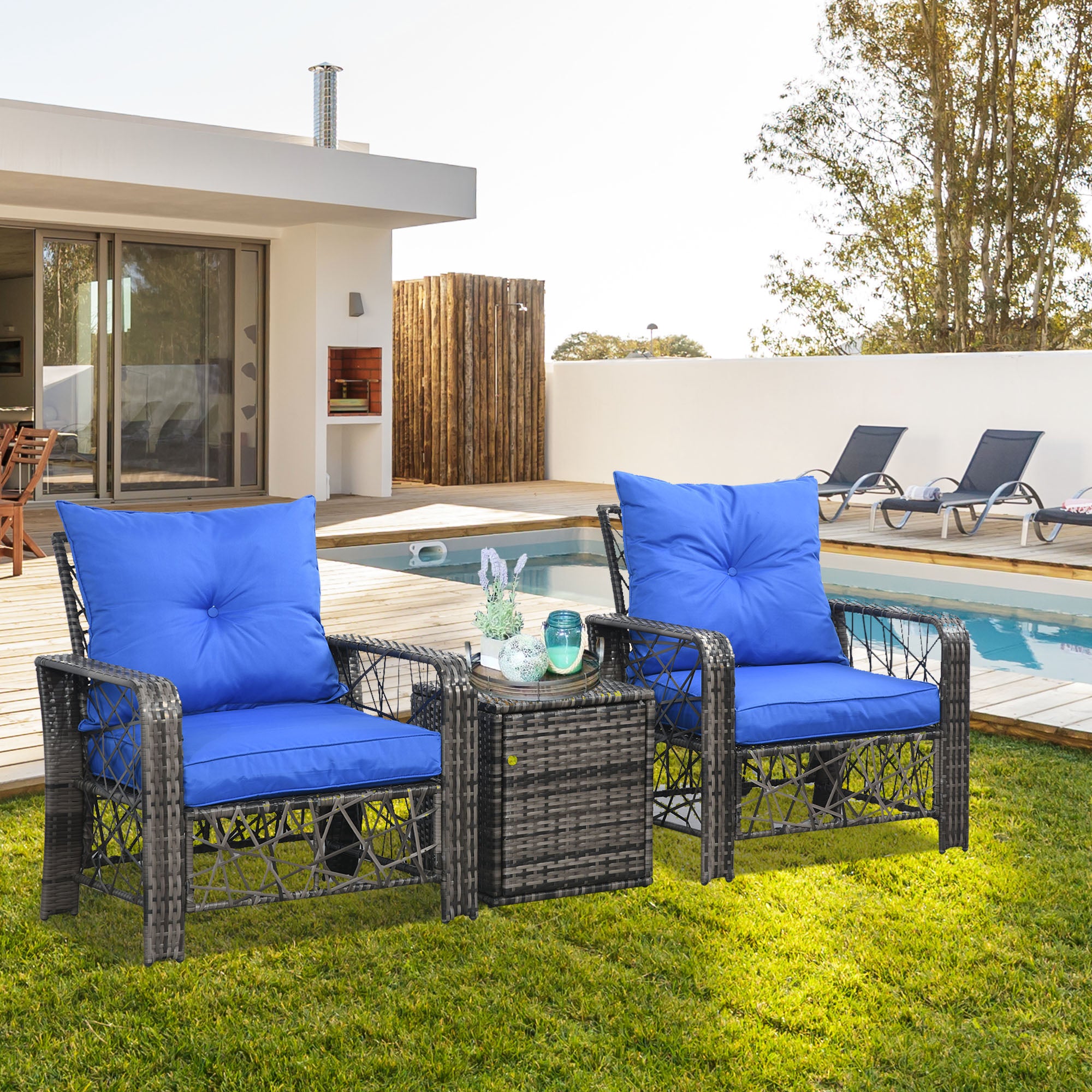 3-Piece Rattan Patio Set with Storage - Blue-DECOROLALA