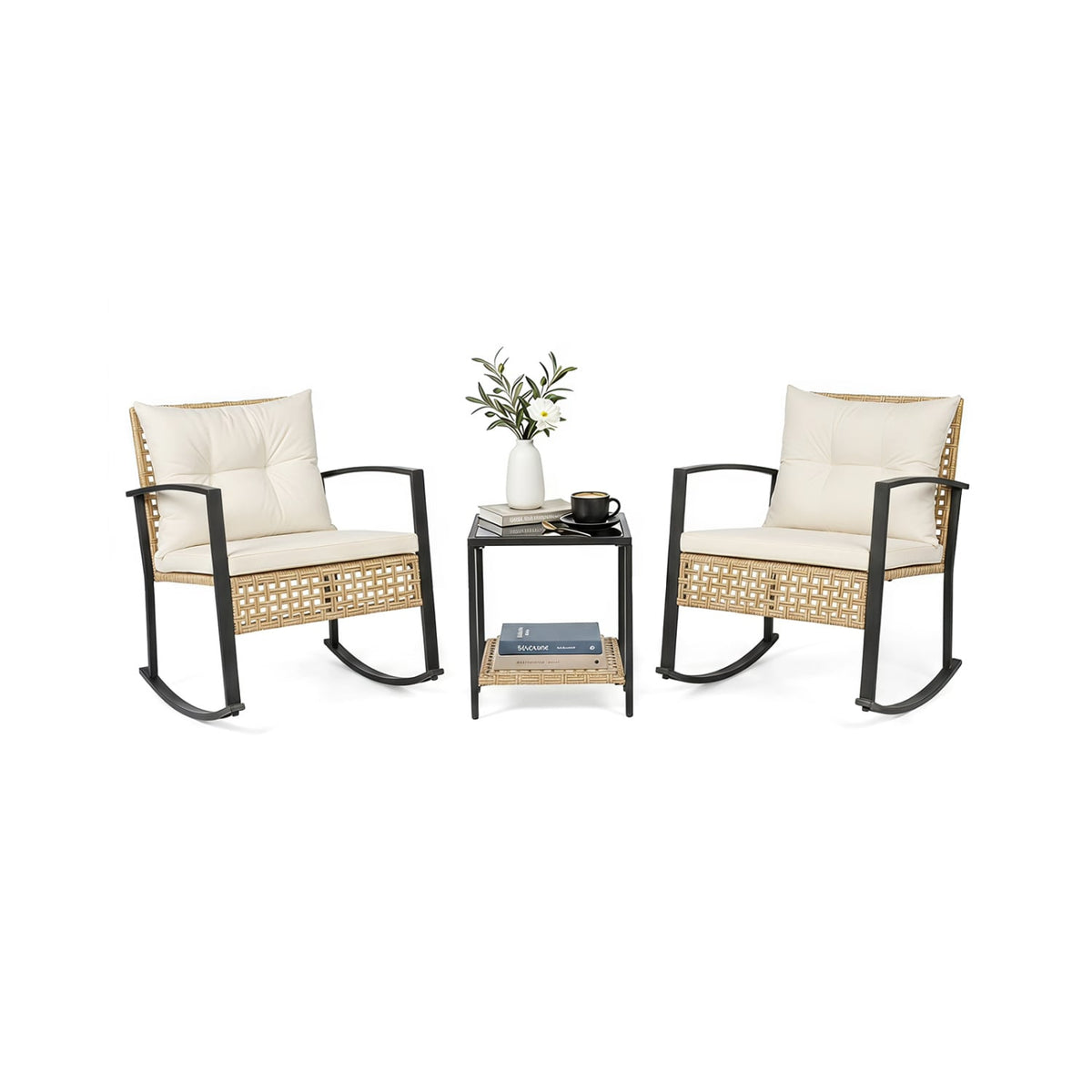 3-Piece Rattan Wicker Patio Conversation Set for Porch Balcony Garden Backyard-White-Patio Conversation Sets-DECOROLALA
