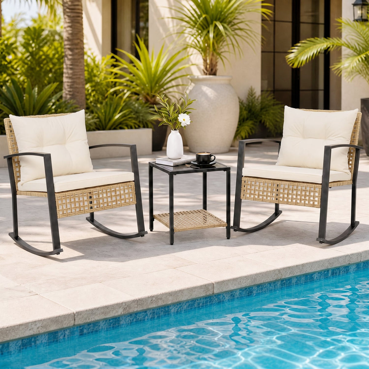 3-Piece Rattan Wicker Patio Conversation Set for Porch Balcony Garden Backyard-White-Patio Conversation Sets-DECOROLALA
