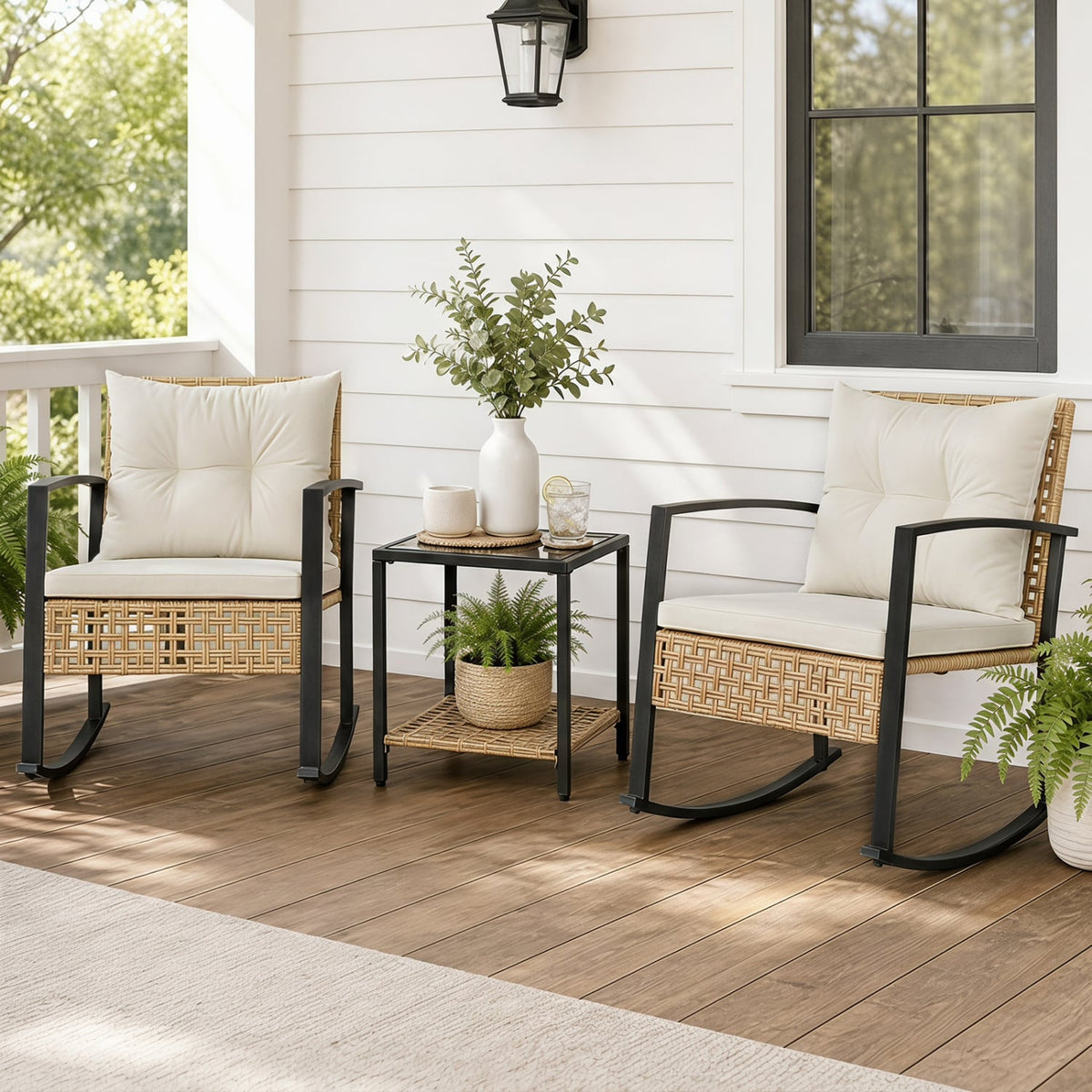 3-Piece Rattan Wicker Patio Conversation Set for Porch Balcony Garden Backyard-White-Patio Conversation Sets-DECOROLALA