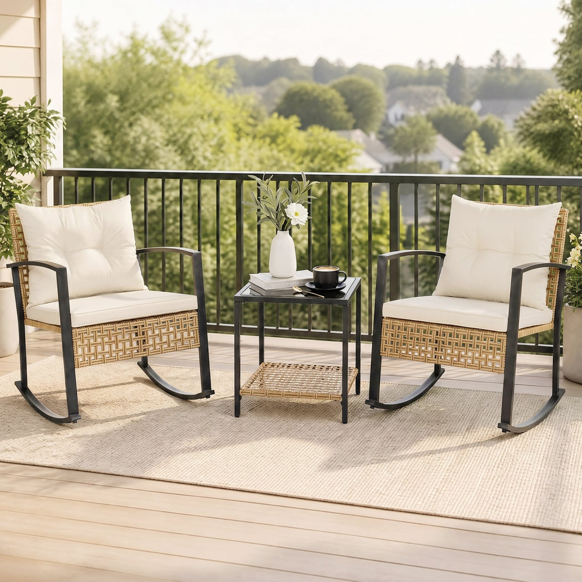 3-Piece Rattan Wicker Patio Conversation Set for Porch Balcony Garden Backyard-White-Patio Conversation Sets-DECOROLALA