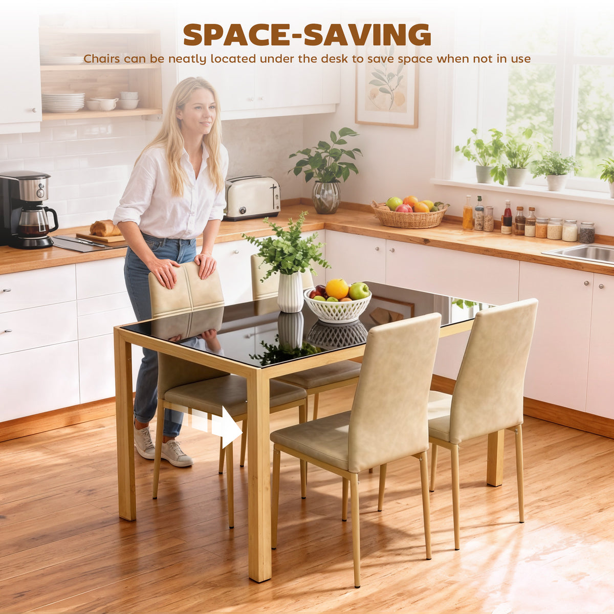 3-Piece Rectangular Glass Kitchen Table and Chairs with Metal Frame and Faux Leather Upholstery for Dining Room-Dining Room Sets-DECOROLALA