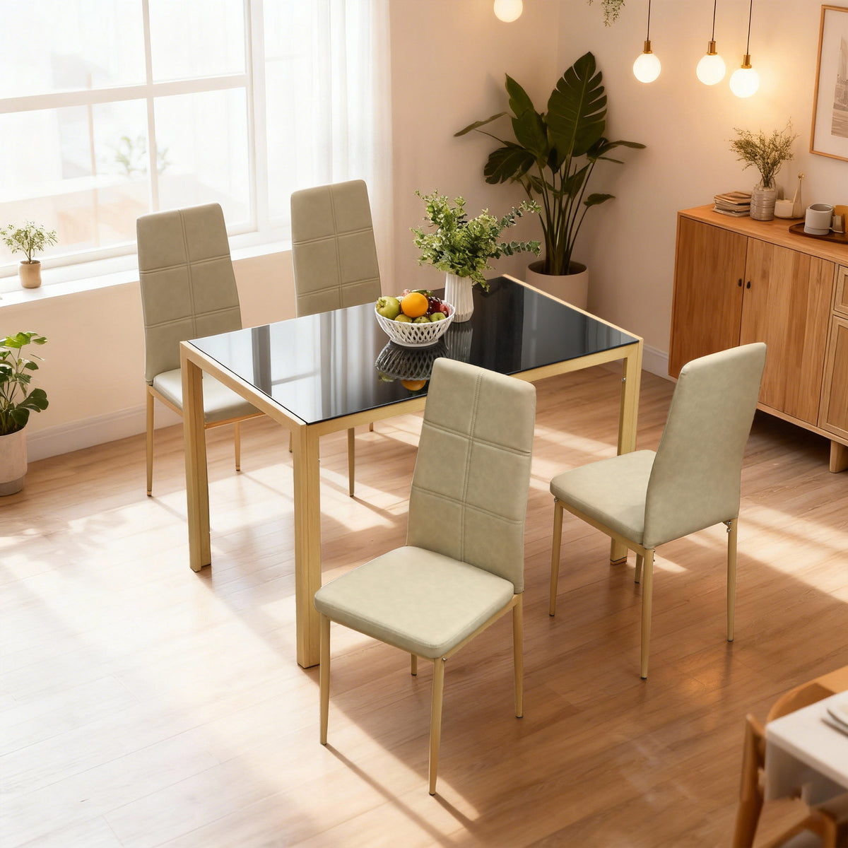 3-Piece Rectangular Glass Kitchen Table and Chairs with Metal Frame and Faux Leather Upholstery for Dining Room-Dining Room Sets-DECOROLALA
