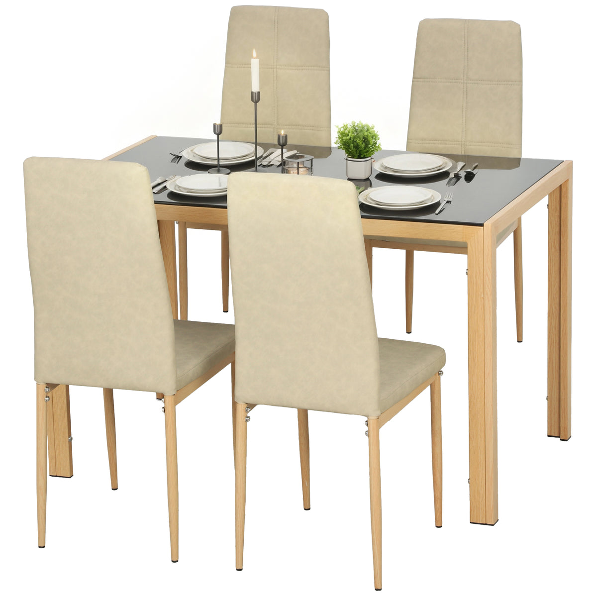 3-Piece Rectangular Glass Kitchen Table and Chairs with Metal Frame and Faux Leather Upholstery for Dining Room-Dining Room Sets-DECOROLALA