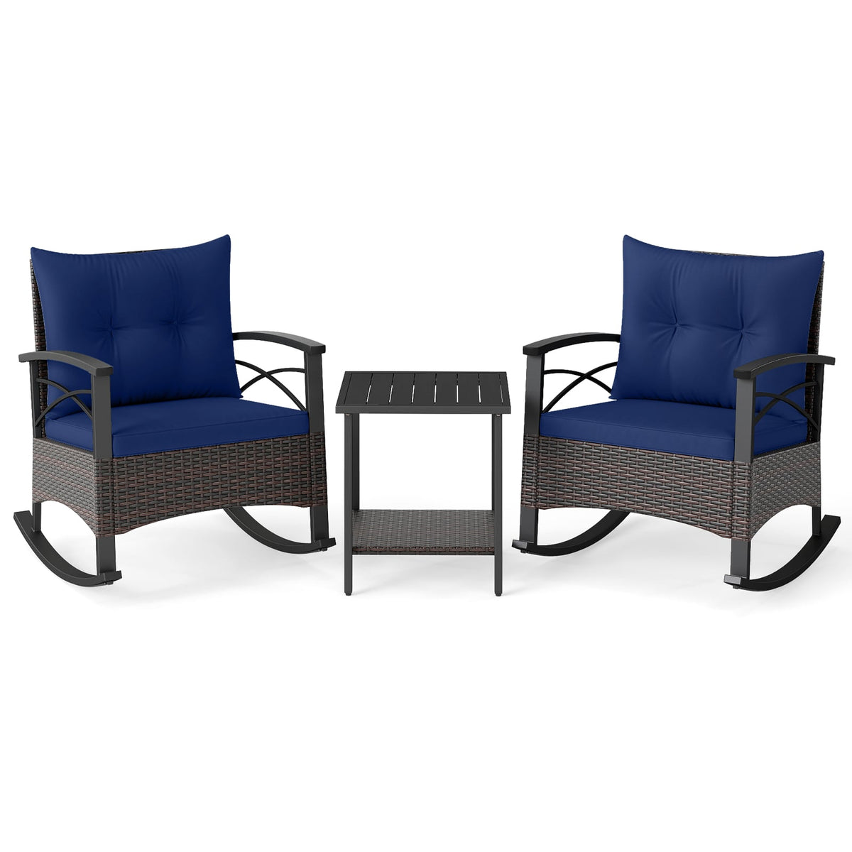 3 Piece Rocking Bistro Set PE Rattan Rocker Chairs with Acacia Wood Top Table-Navy-Patio Conversation Sets-DECOROLALA