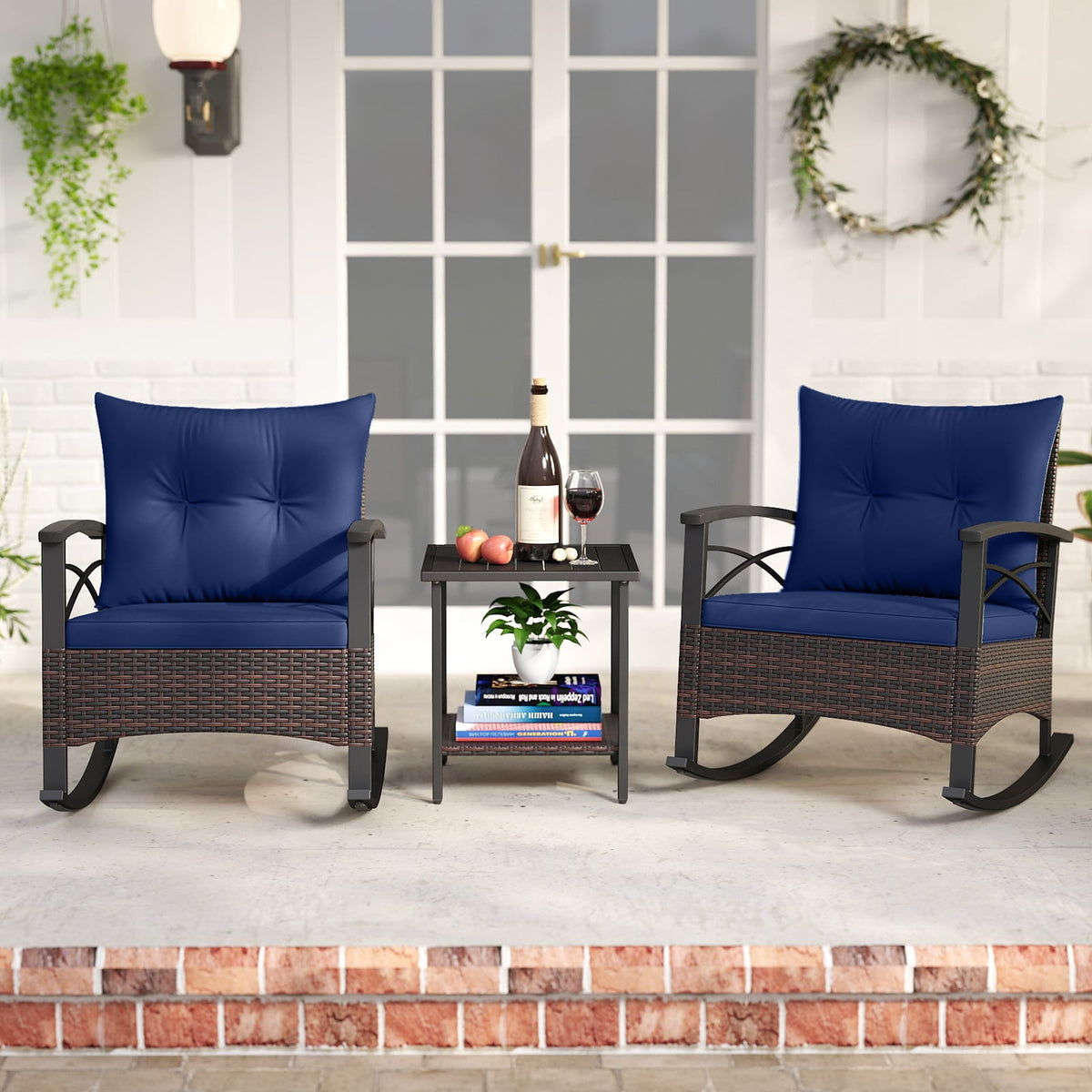 3 Piece Rocking Bistro Set PE Rattan Rocker Chairs with Acacia Wood Top Table-Navy-Patio Conversation Sets-DECOROLALA