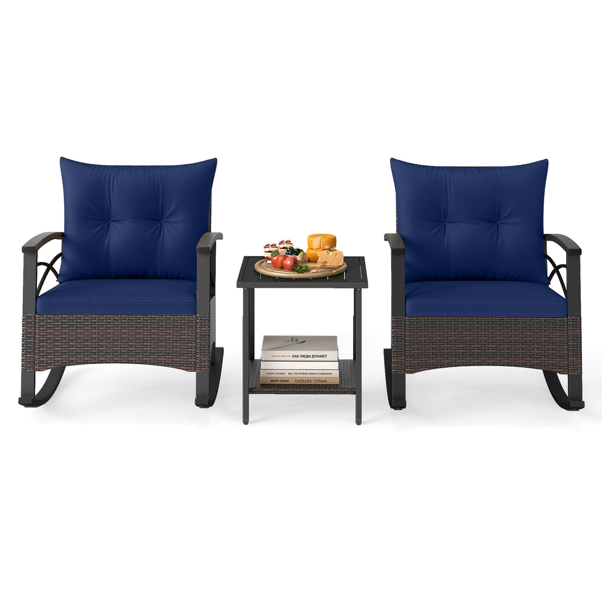 3 Piece Rocking Bistro Set PE Rattan Rocker Chairs with Acacia Wood Top Table-Navy-Patio Conversation Sets-DECOROLALA