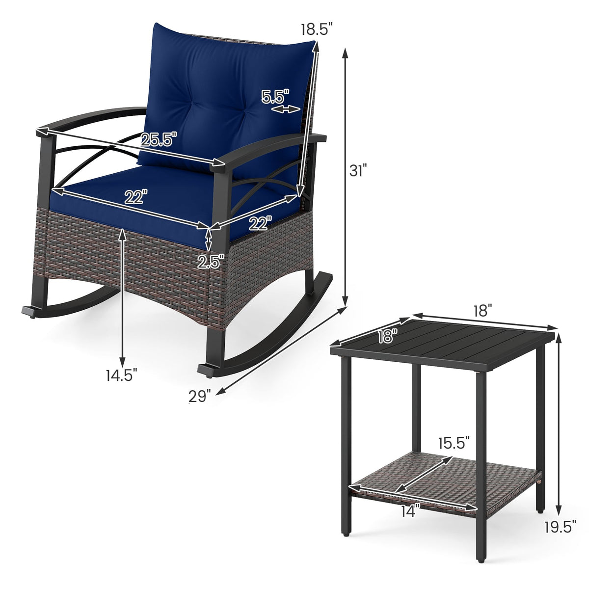 3 Piece Rocking Bistro Set PE Rattan Rocker Chairs with Acacia Wood Top Table-Navy-Patio Conversation Sets-DECOROLALA