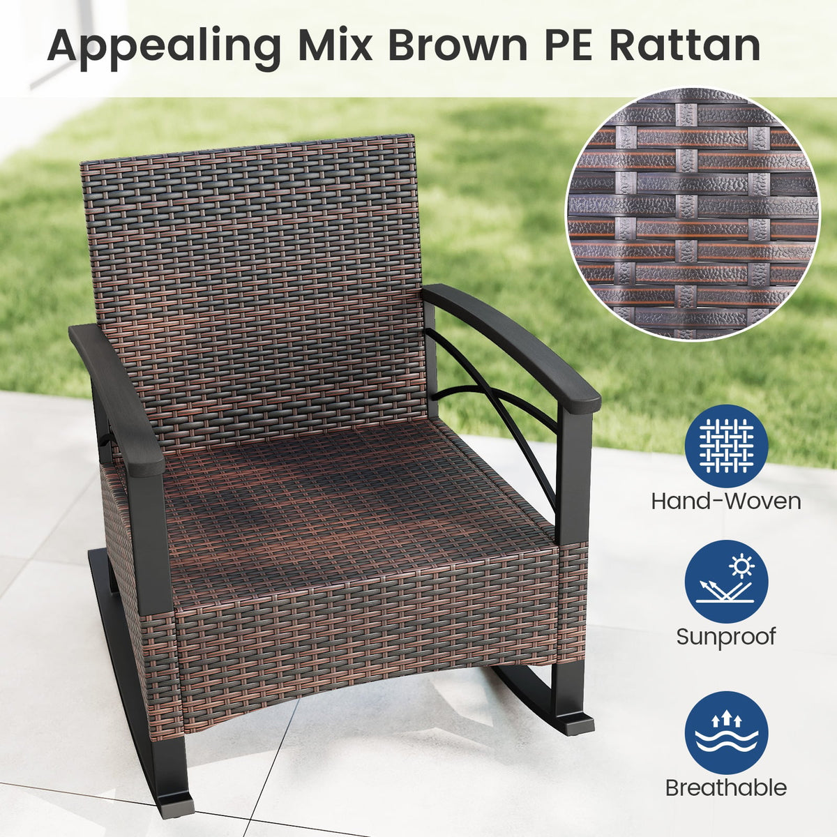 3 Piece Rocking Bistro Set PE Rattan Rocker Chairs with Acacia Wood Top Table-Navy-Patio Conversation Sets-DECOROLALA