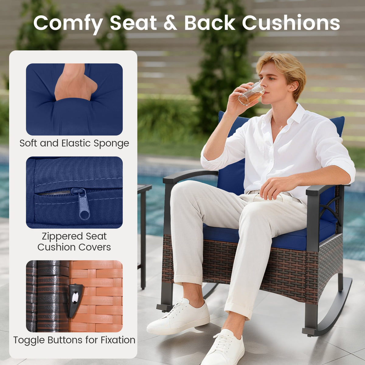 3 Piece Rocking Bistro Set PE Rattan Rocker Chairs with Acacia Wood Top Table-Navy-Patio Conversation Sets-DECOROLALA