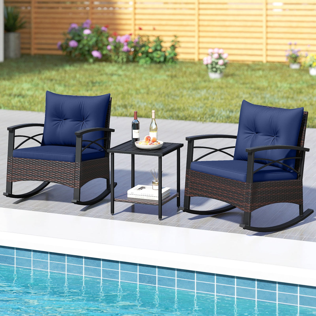3 Piece Rocking Bistro Set PE Rattan Rocker Chairs with Acacia Wood Top Table-Navy-Patio Conversation Sets-DECOROLALA