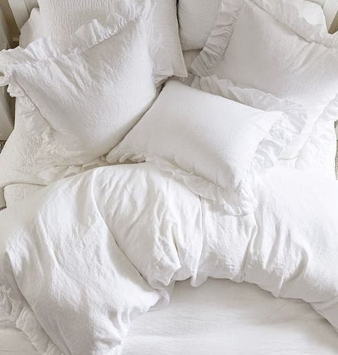 3 Piece Ruffle Duvet Cover Set - White Linen Cotton Mix-n/a-DECOROLALA