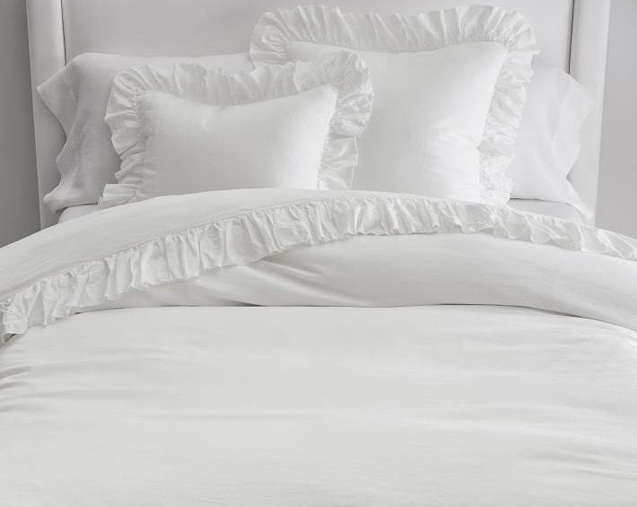 3 Piece Ruffle Duvet Cover Set - White Linen Cotton Mix-n/a-DECOROLALA