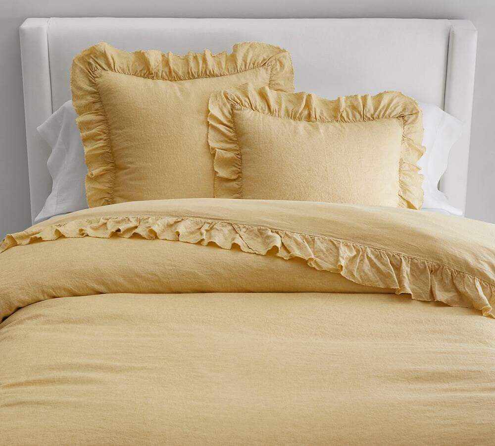 3 Piece Ruffle Linen Duvet Cover Set - Yellow Soft Pre-washed-n/a-DECOROLALA