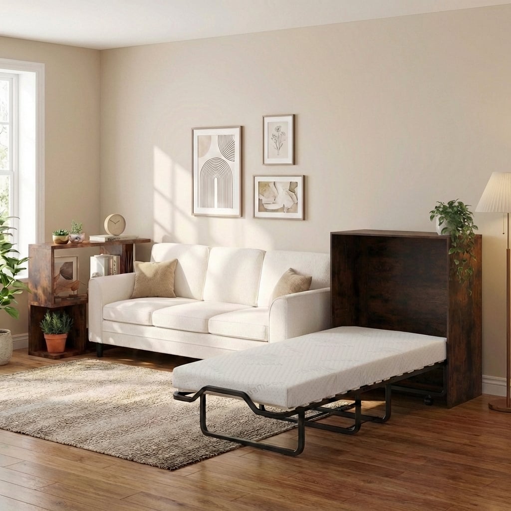 3-Piece Space-Saving Living Room with Teddy Sofa Display Bookshelf & Foldable Murphy Bed-Folding Beds-DECOROLALA