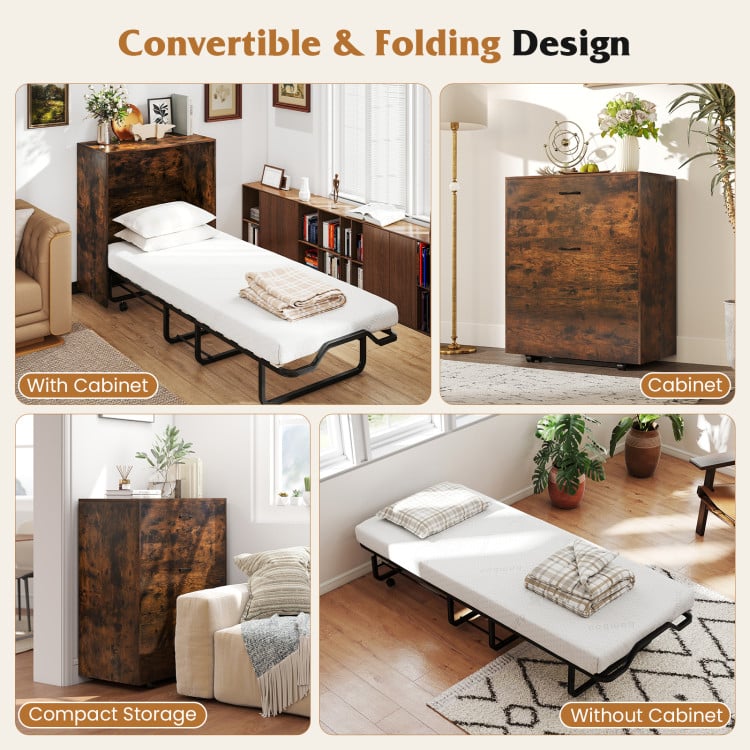 3-Piece Space-Saving Living Room with Teddy Sofa Display Bookshelf & Foldable Murphy Bed-Folding Beds-DECOROLALA