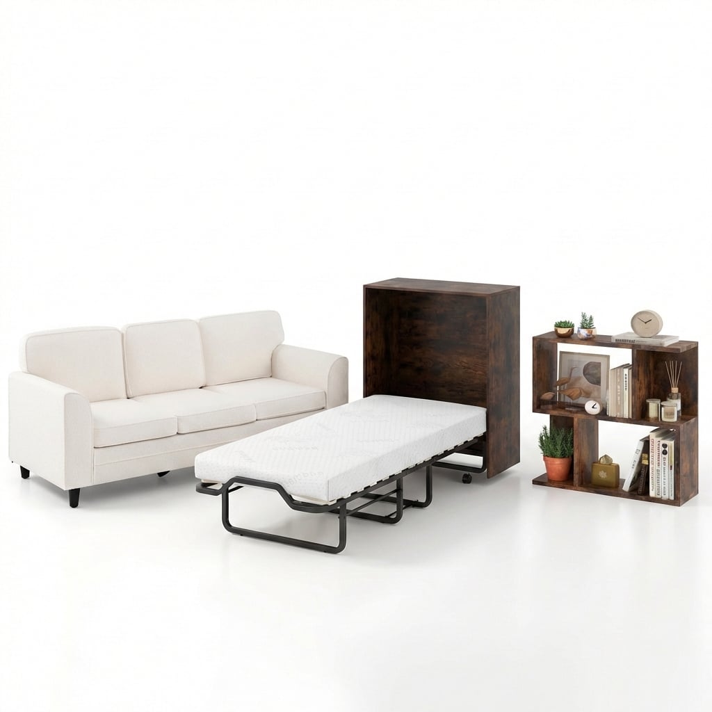 3-Piece Space-Saving Living Room with Teddy Sofa Display Bookshelf & Foldable Murphy Bed-Folding Beds-DECOROLALA