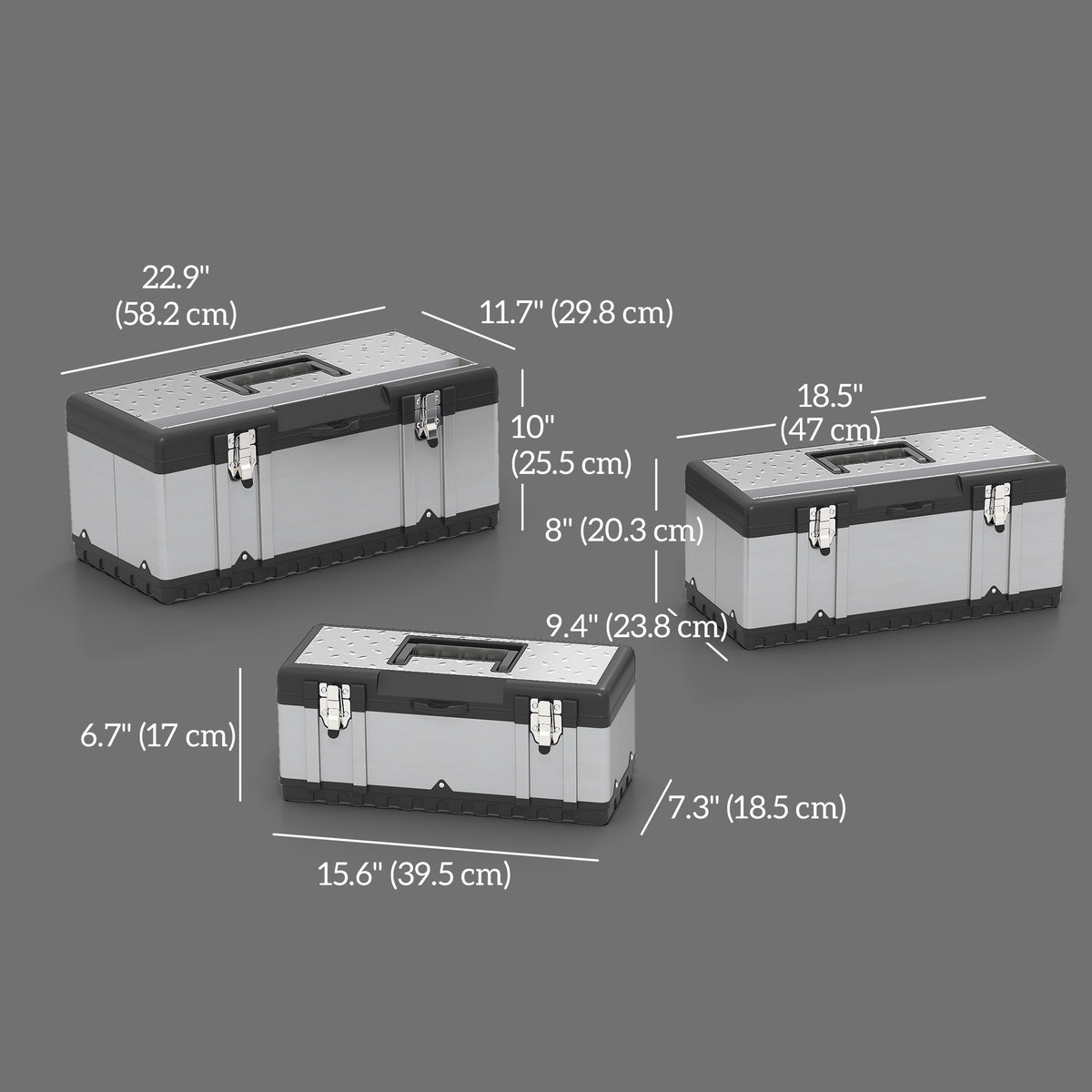 3-Piece Stainless Steel Tool Box Set with Trays - Silver/Black-Home Improvement > Tools > Tool Organizers-DECOROLALA
