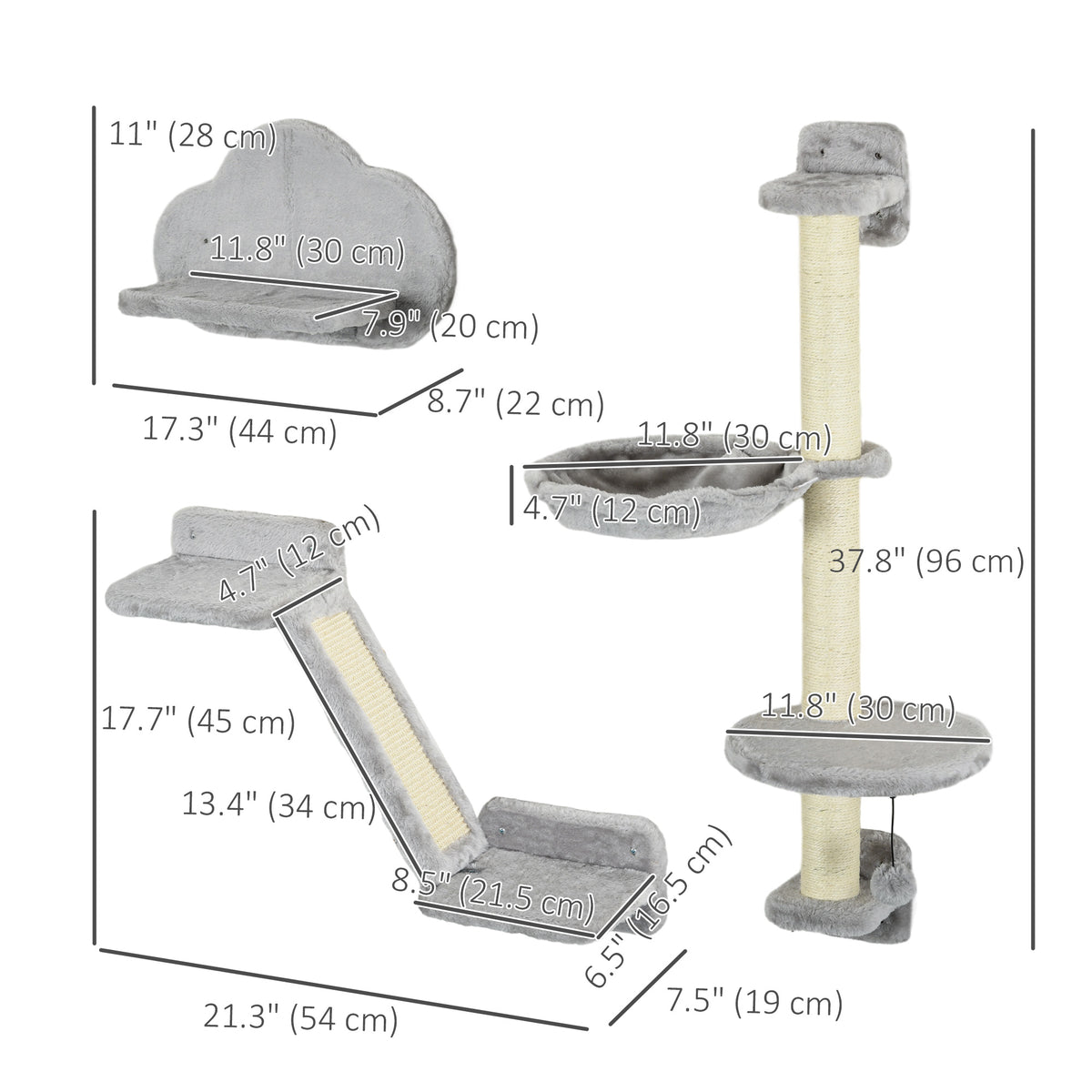 3-Piece Wall-Mounted Cat Shelves with Hammock & Sisal Post - Grey-Cats-DECOROLALA