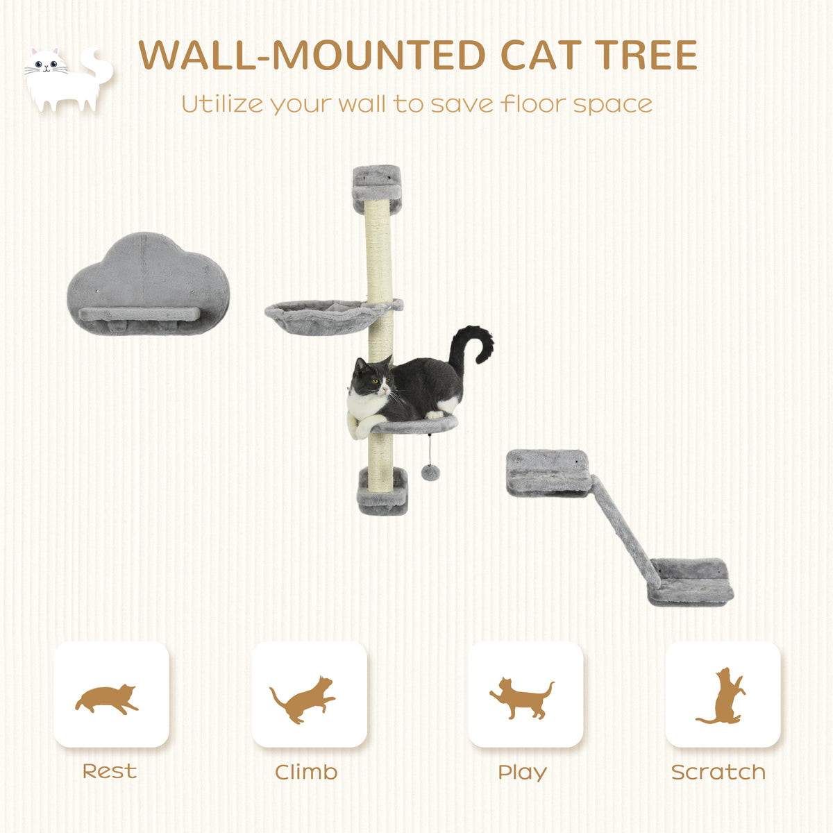 3-Piece Wall-Mounted Cat Shelves with Hammock & Sisal Post - Grey-Cats-DECOROLALA