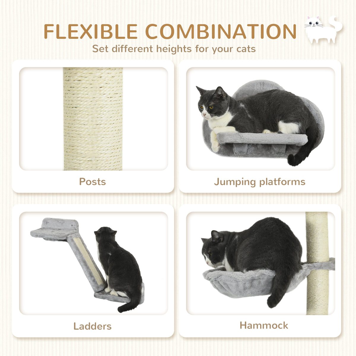 3-Piece Wall-Mounted Cat Shelves with Hammock & Sisal Post - Grey-Cats-DECOROLALA