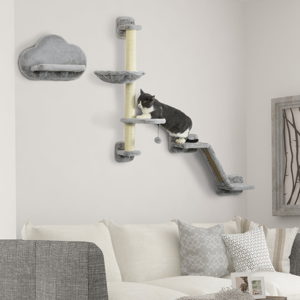 3-Piece Wall-Mounted Cat Shelves with Hammock & Sisal Post - Grey-Cats-DECOROLALA