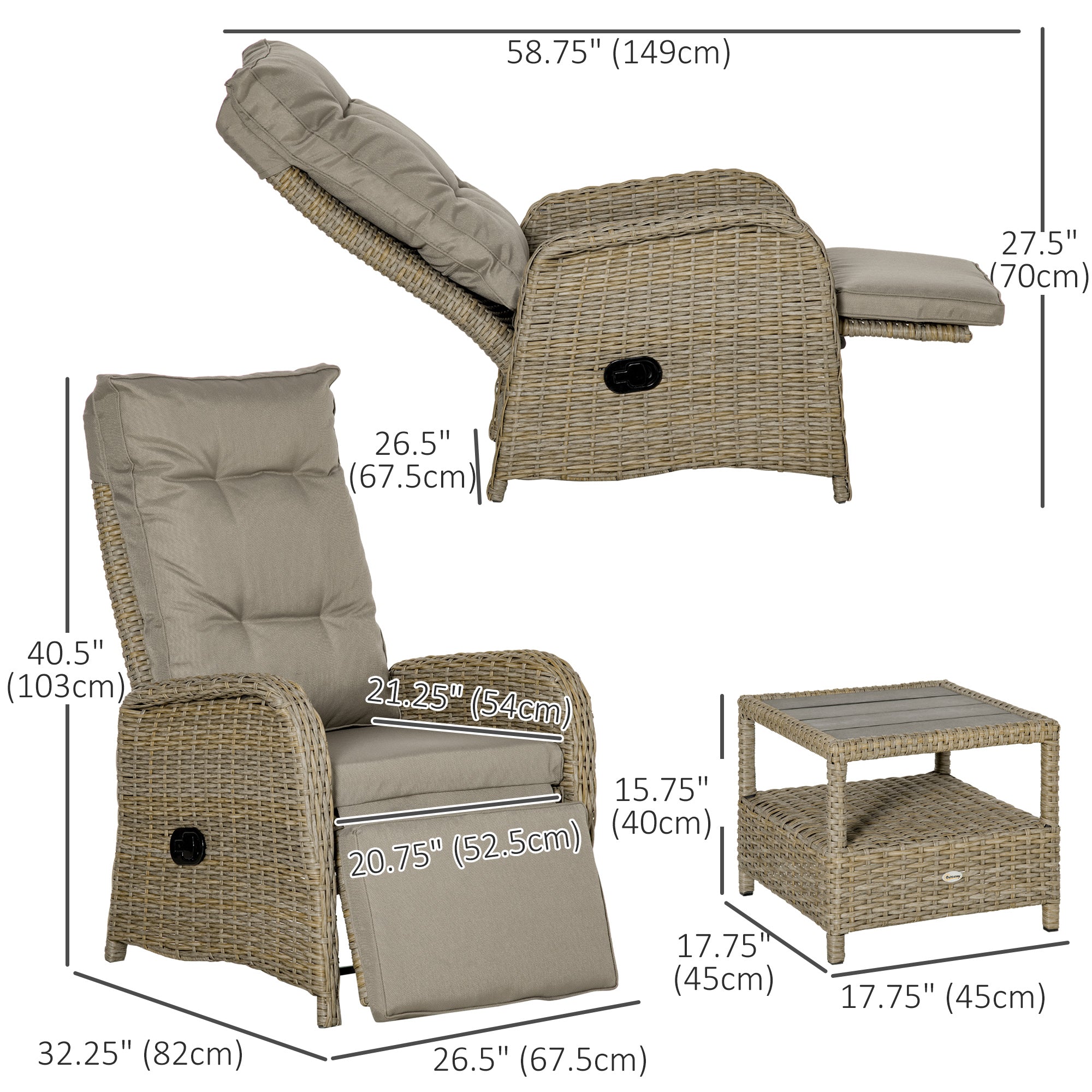 3-Piece Wicker Bistro Set - Reclining Chairs & Table Khaki-DECOROLALA