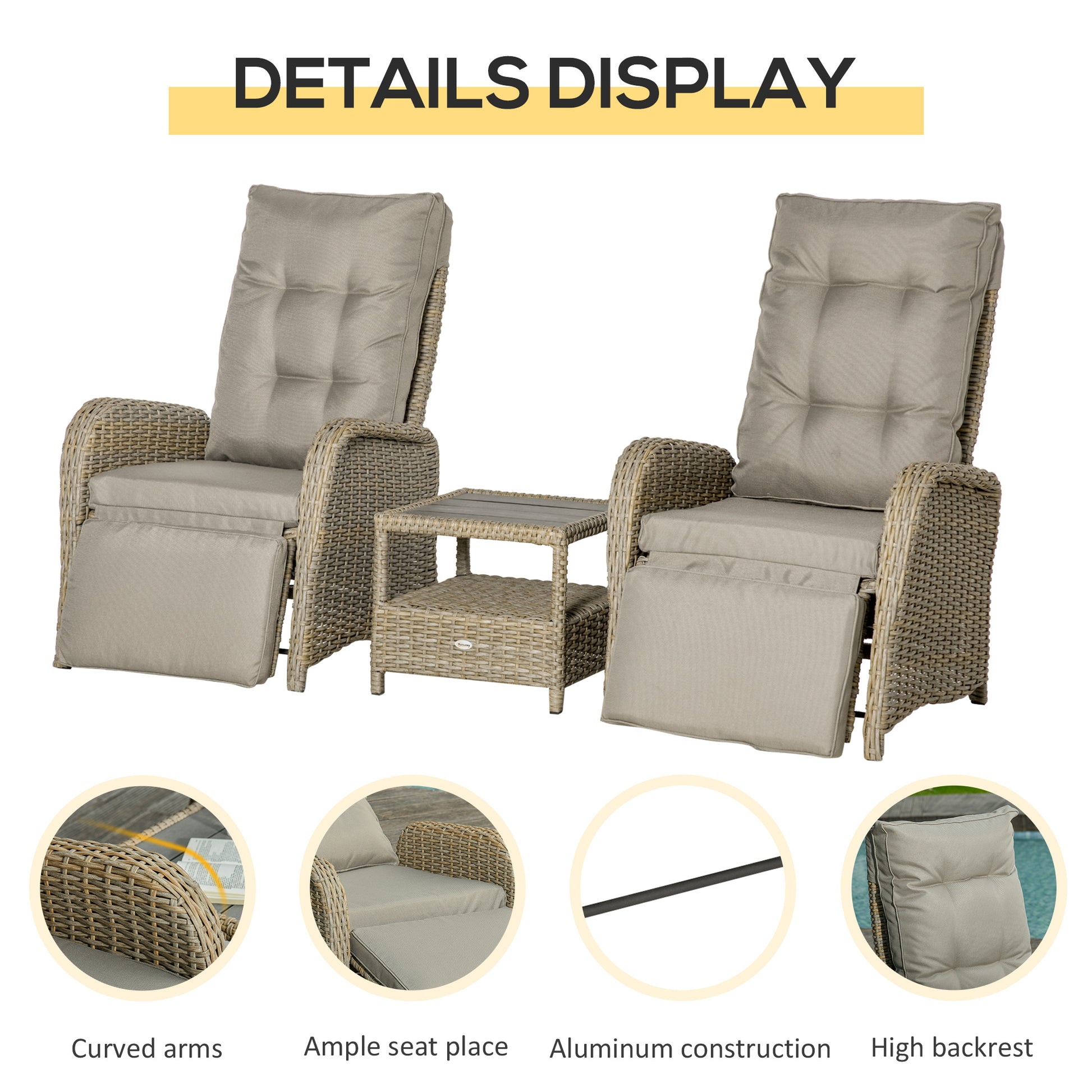 3-Piece Wicker Bistro Set - Reclining Chairs & Table Khaki-DECOROLALA