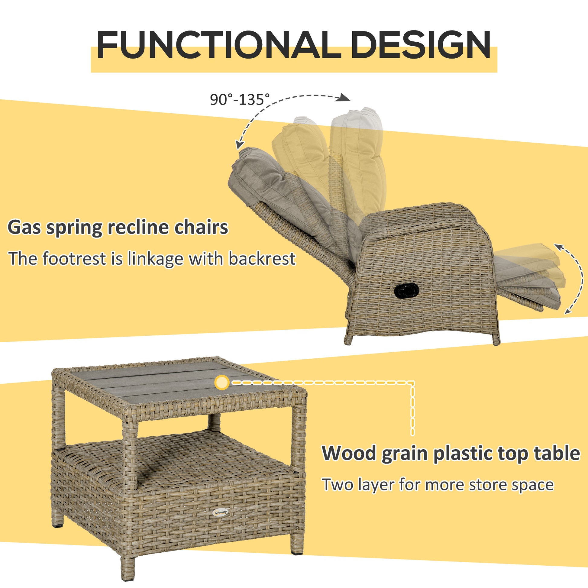 3-Piece Wicker Bistro Set - Reclining Chairs & Table Khaki-DECOROLALA