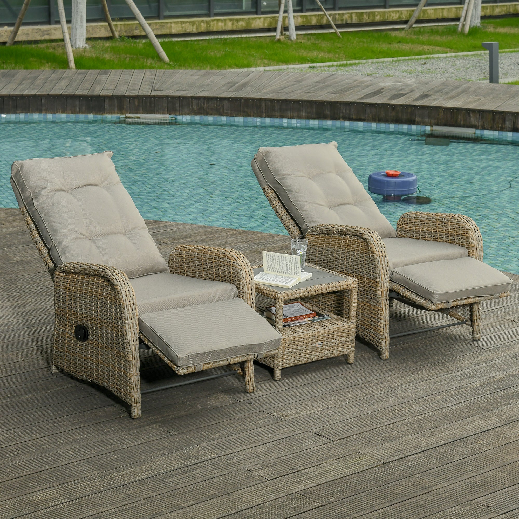 3-Piece Wicker Bistro Set - Reclining Chairs & Table Khaki-DECOROLALA
