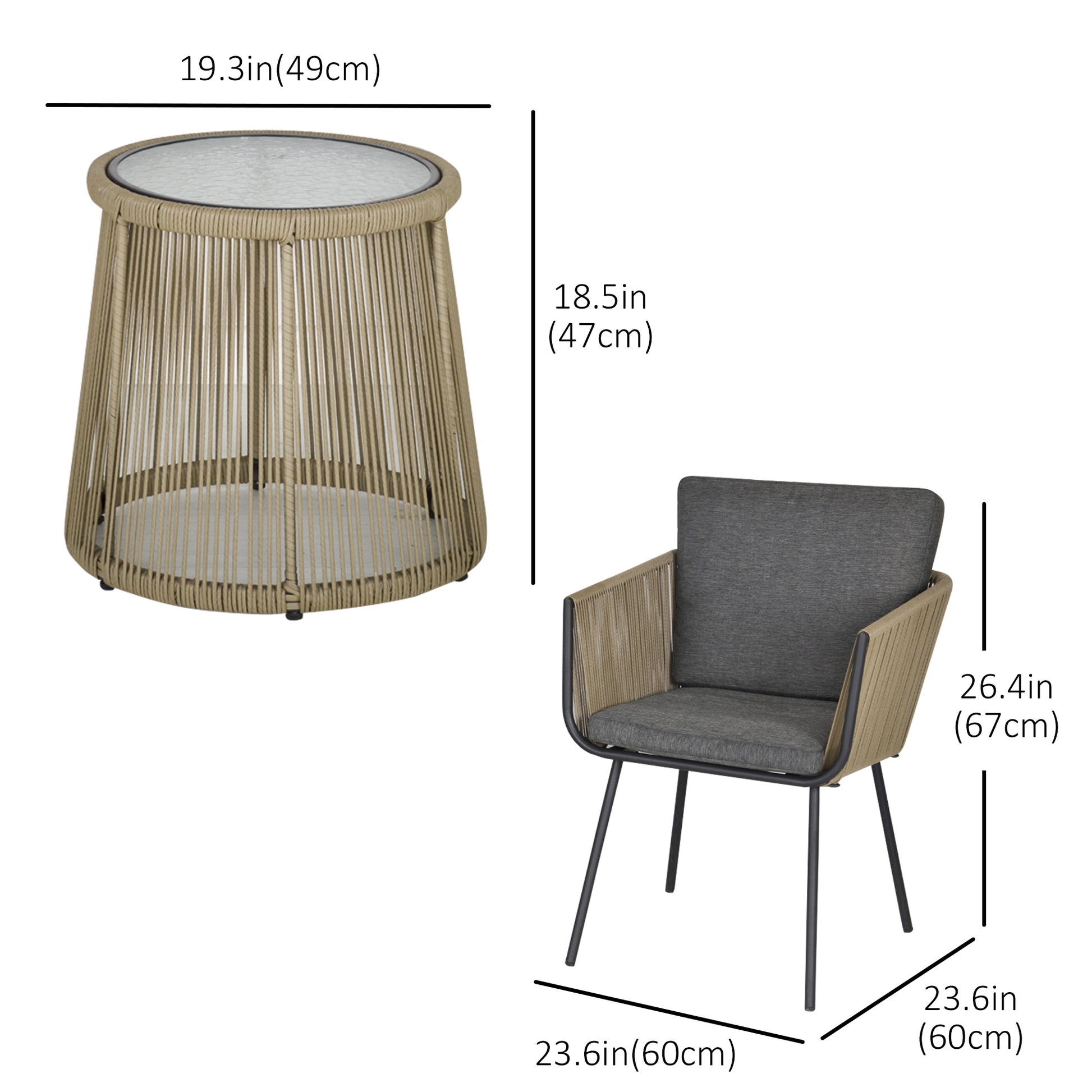 3 Piece Wicker Patio Bistro Set - Grey Wing Chairs w/ Table-DECOROLALA