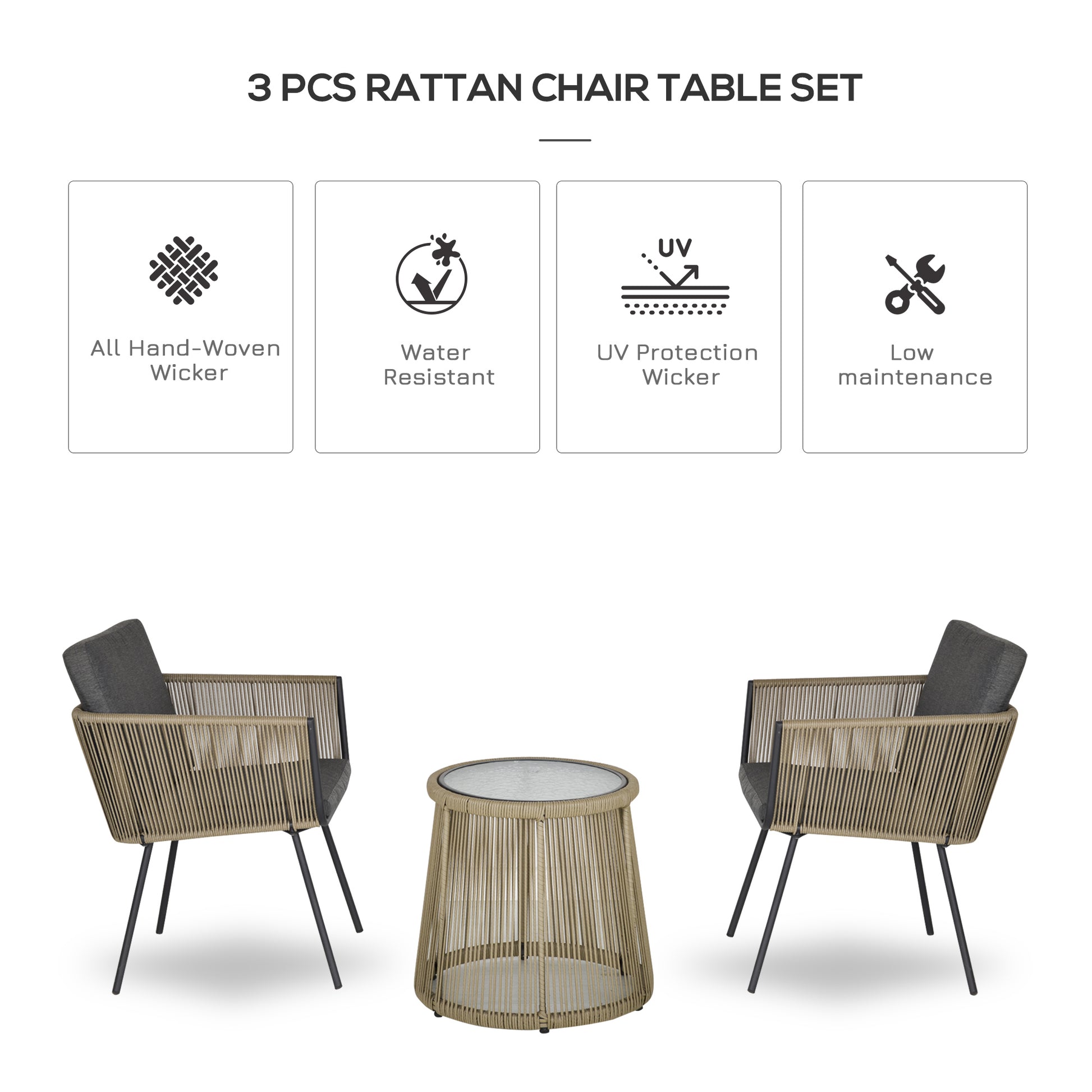 3 Piece Wicker Patio Bistro Set - Grey Wing Chairs w/ Table-DECOROLALA