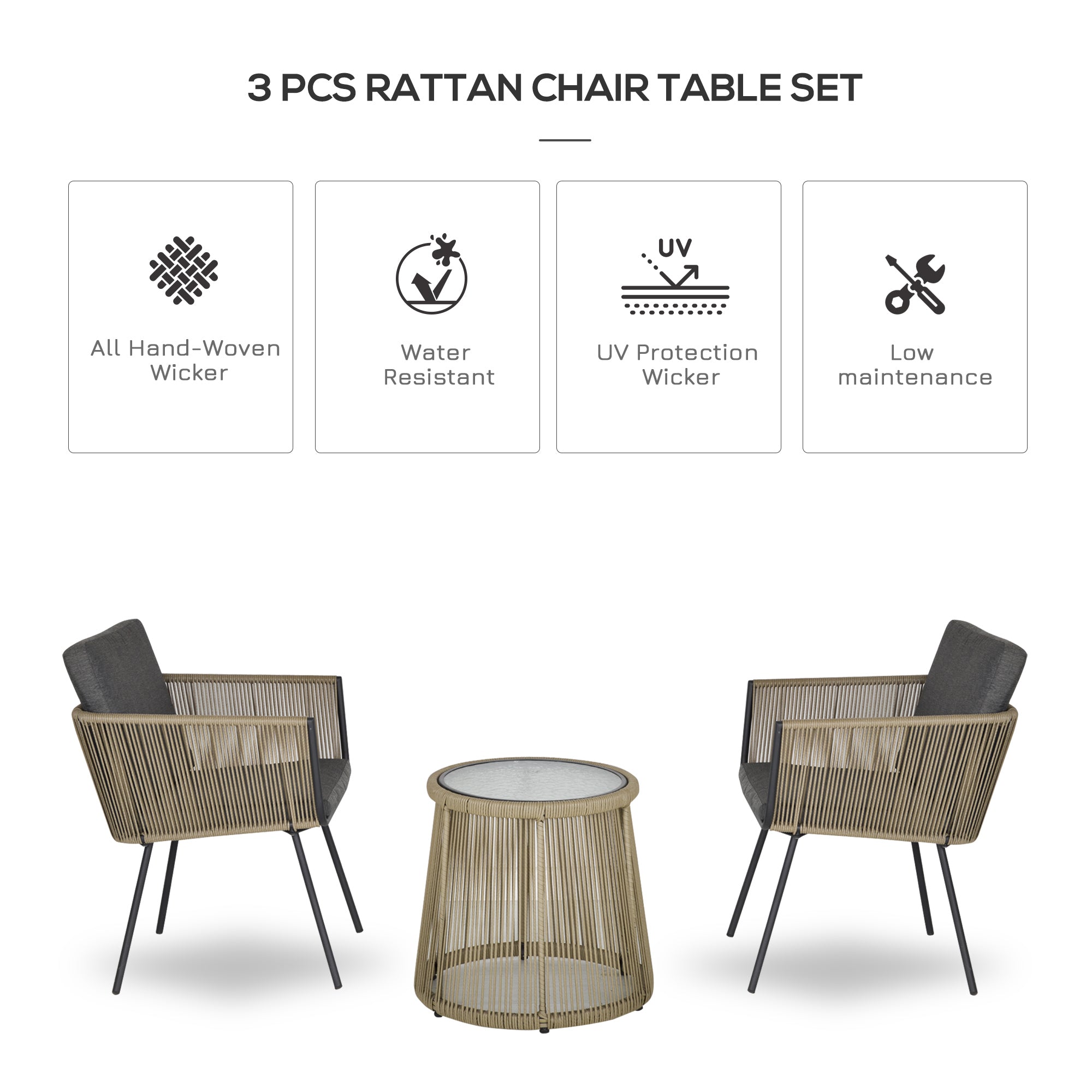 3 Piece Wicker Patio Bistro Set - Grey Wing Chairs w/ Table-DECOROLALA