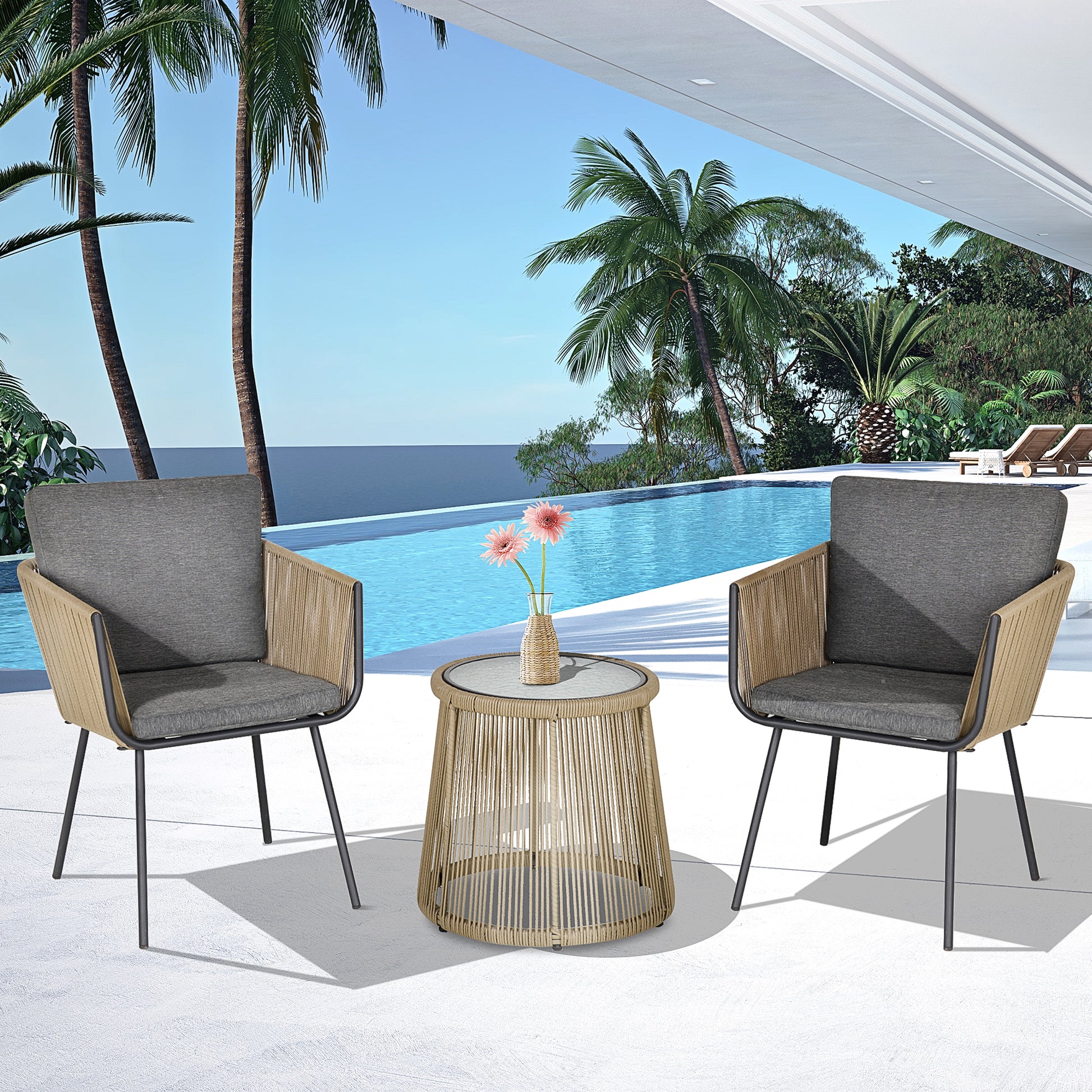 3 Piece Wicker Patio Bistro Set - Grey Wing Chairs w/ Table-DECOROLALA