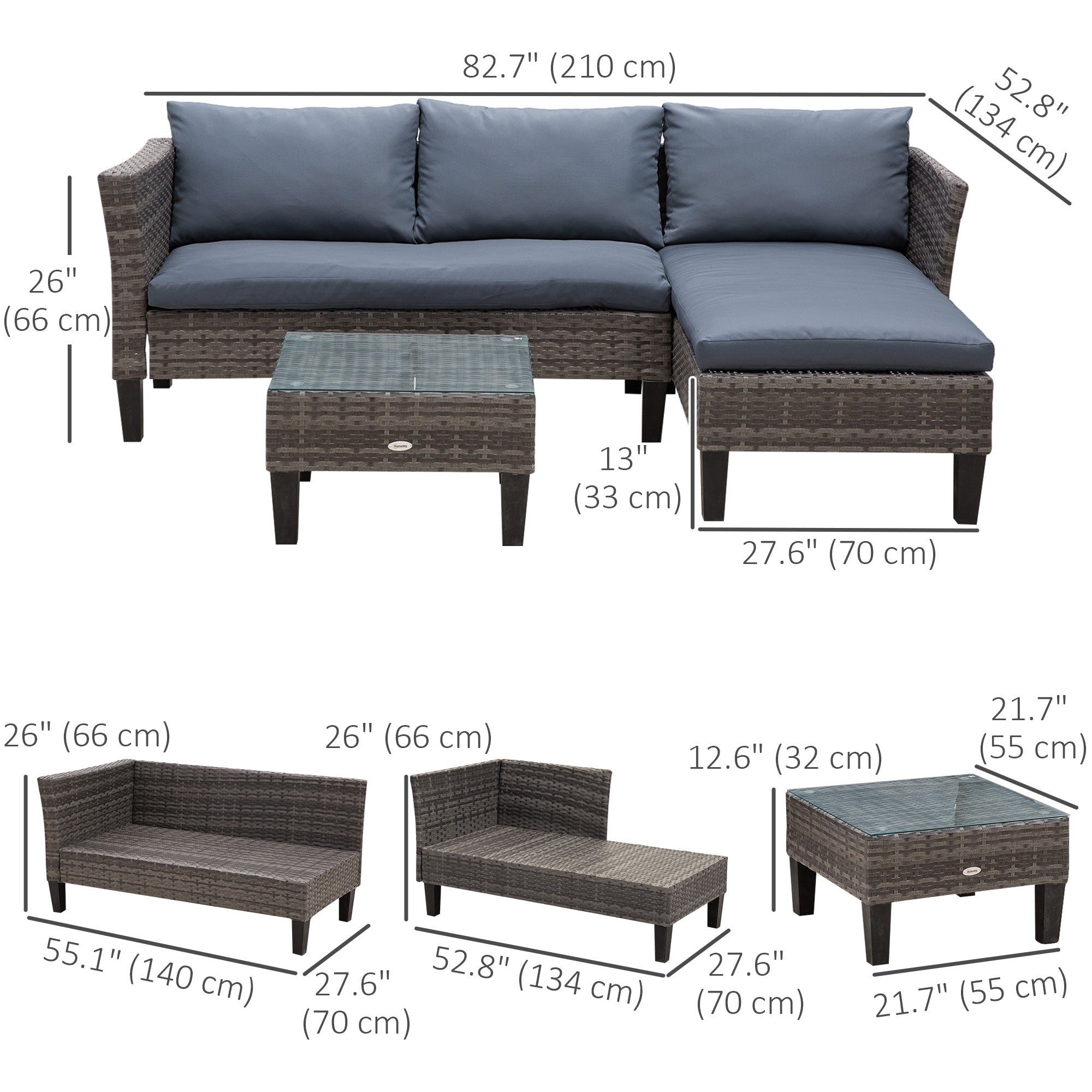 3-Piece Wicker Patio Set - Grey Sofa w/ Glass Table-DECOROLALA