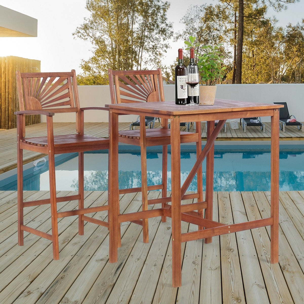 3 Pieces Acacia Wood Patio Bar Set with Sunflower Patterned Backrest-Outdoor Bar Furniture-DECOROLALA
