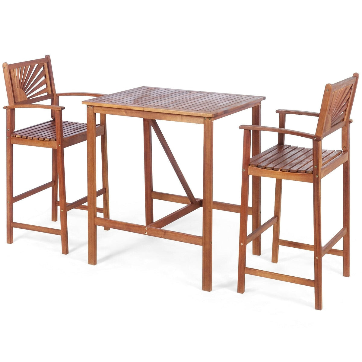 3 Pieces Acacia Wood Patio Bar Set with Sunflower Patterned Backrest-Outdoor Bar Furniture-DECOROLALA