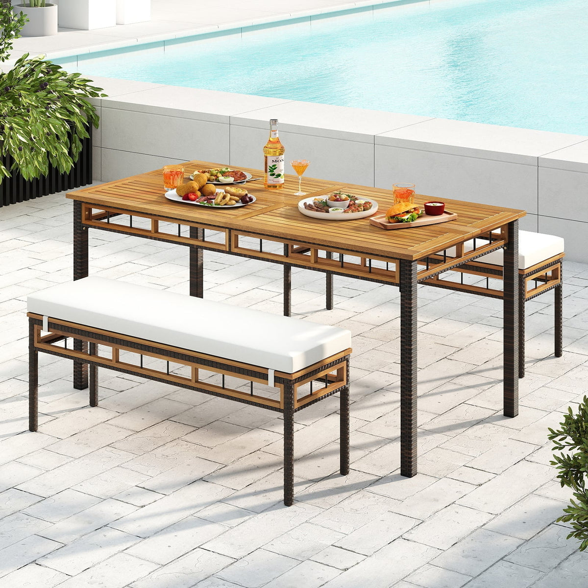 3 Pieces Acacia Wood Patio Dining Set for Deck and Backyard-Patio Dining Sets-DECOROLALA