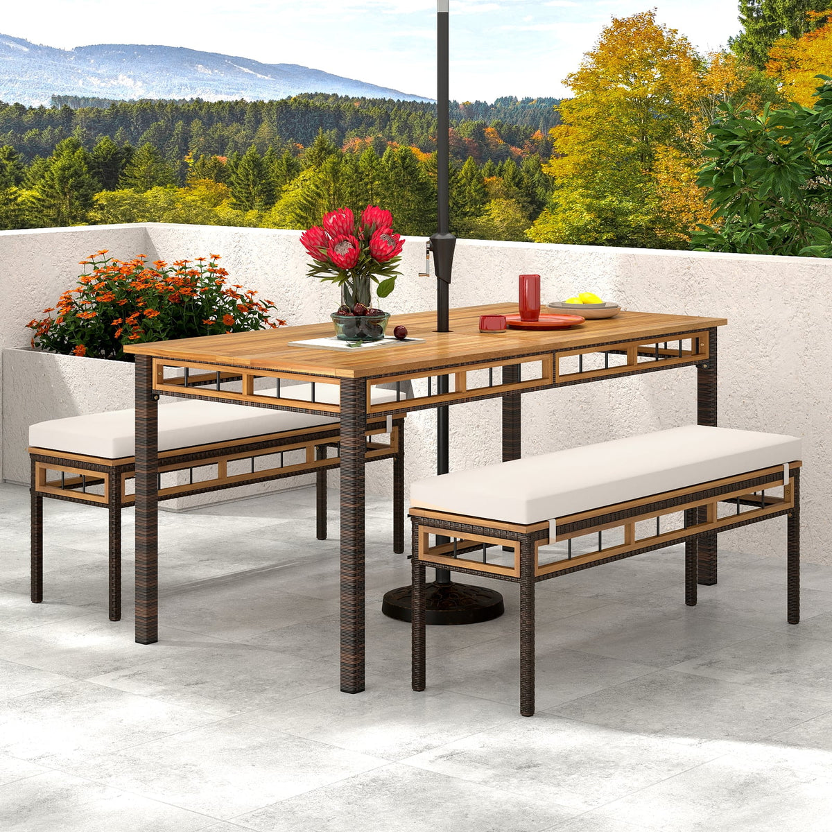 3 Pieces Acacia Wood Patio Dining Set for Deck and Backyard-Patio Dining Sets-DECOROLALA