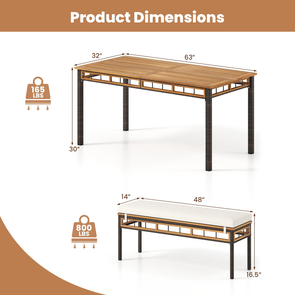 3 Pieces Acacia Wood Patio Dining Set for Deck and Backyard-Patio Dining Sets-DECOROLALA