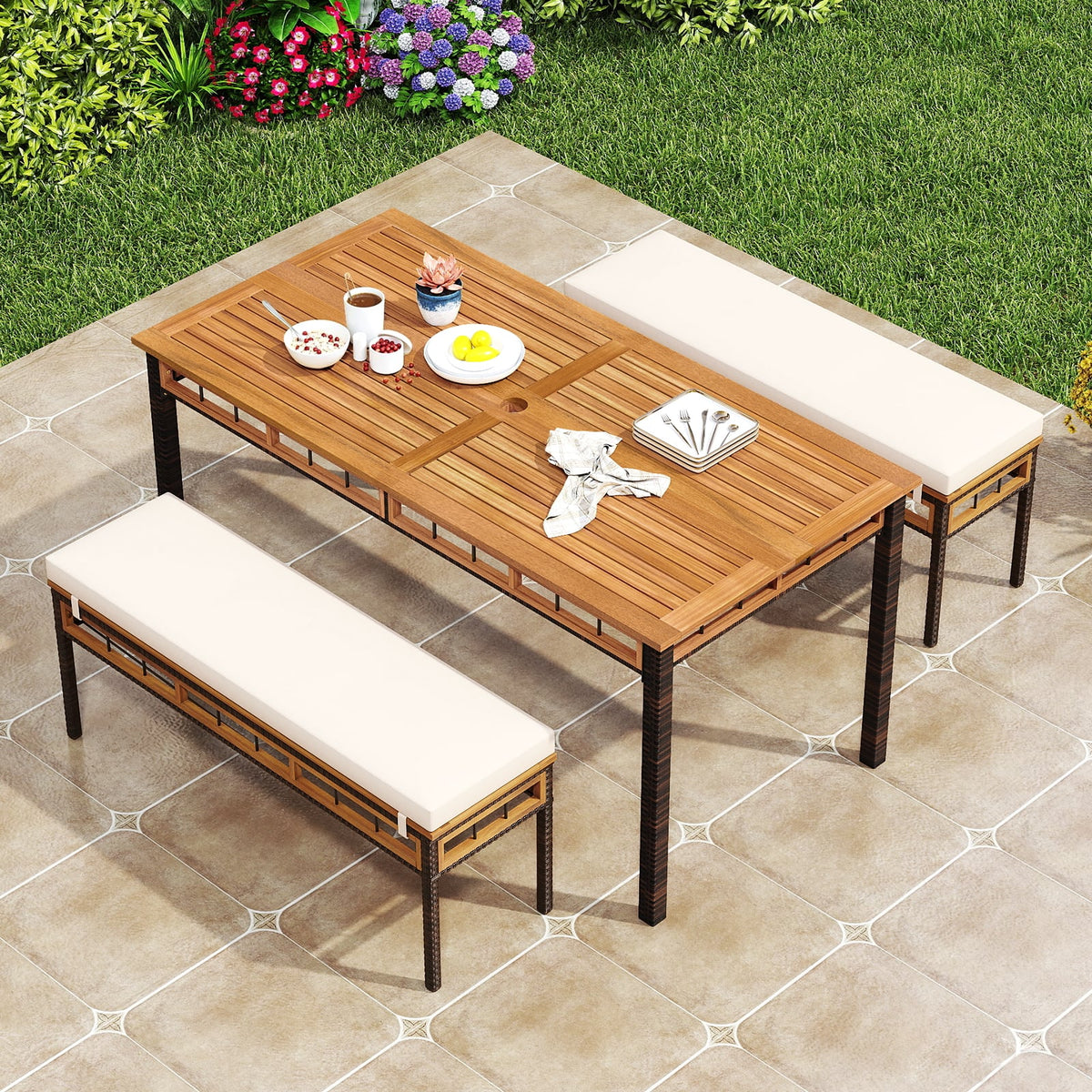 3 Pieces Acacia Wood Patio Dining Set for Deck and Backyard-Patio Dining Sets-DECOROLALA