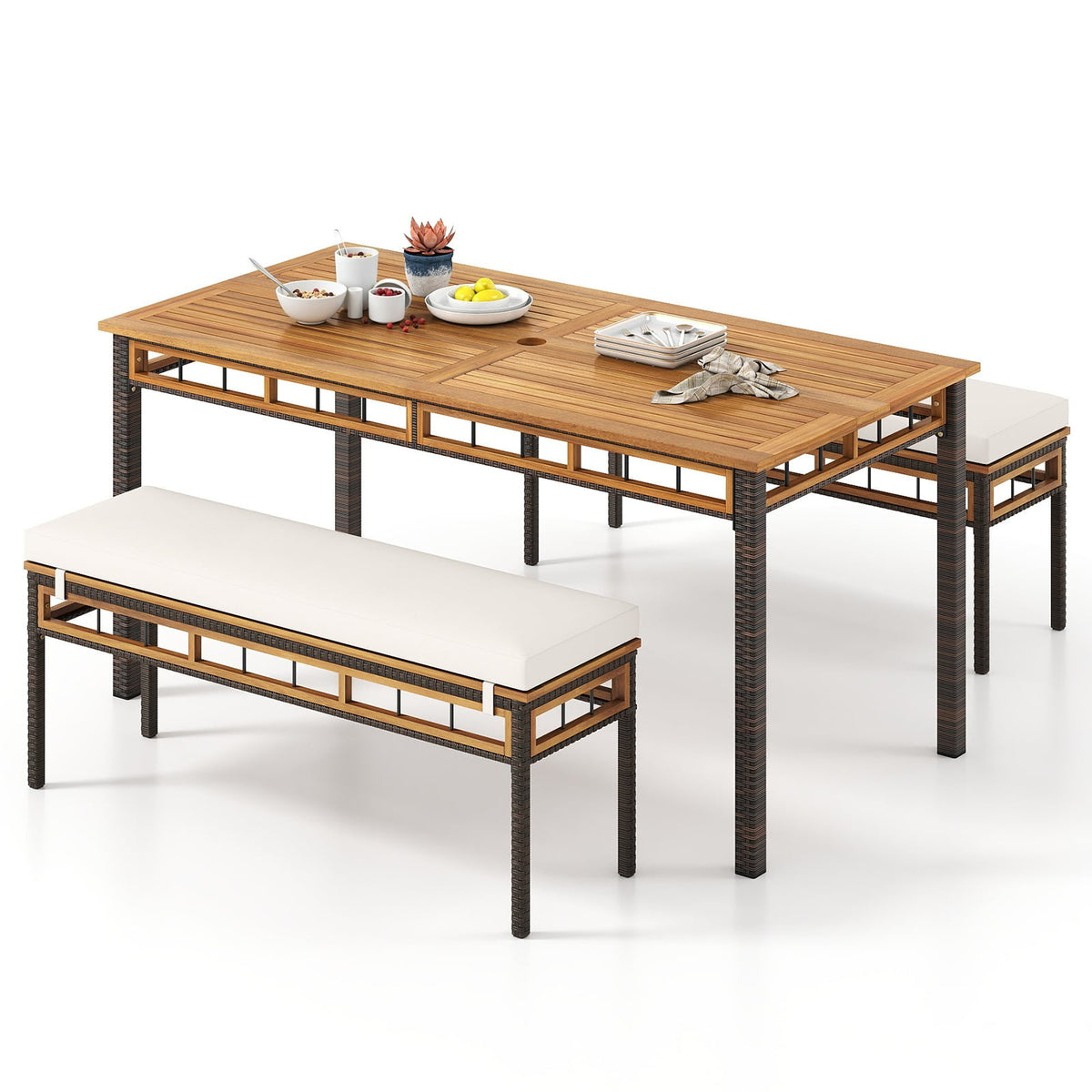 3 Pieces Acacia Wood Patio Dining Set for Deck and Backyard-Patio Dining Sets-DECOROLALA